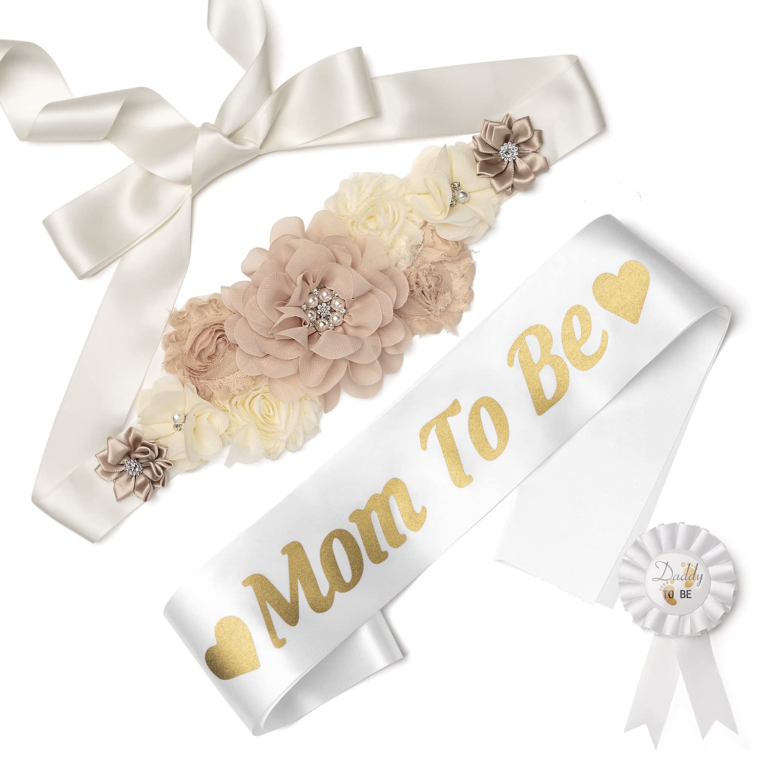 Mom to Be Sash & Corsage Pin Set - Baby Shower Decorations for Maternity Dress & Pregnancy Photos - Gender Reveal Party Supplies, Mommy to Be Gifts - Perfect for Baby Showers, Maternity Photoshoots & Gender Reveal Parties