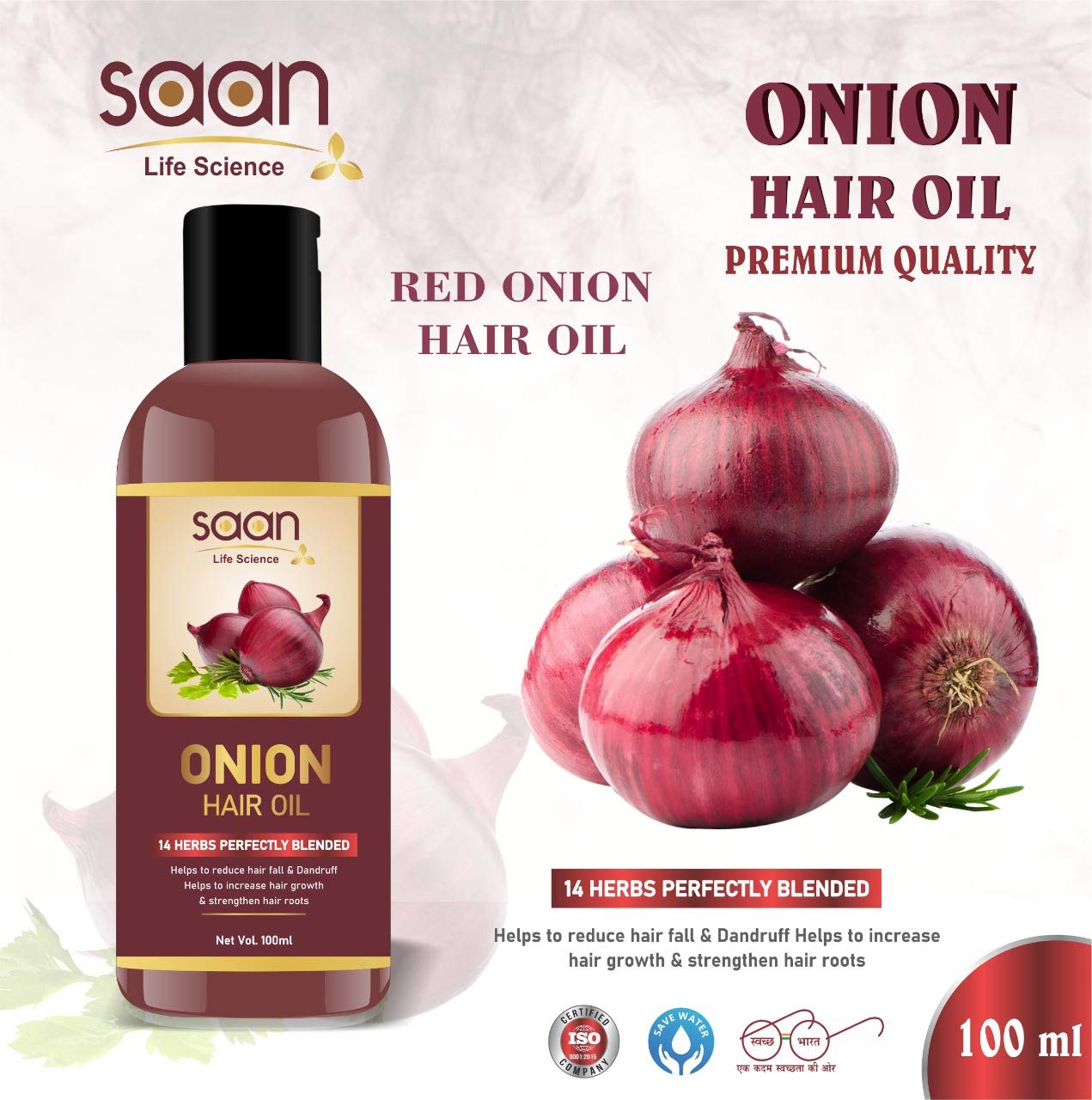 SAAN Life Science Onion Oil for Hair Growth & Hair Fall Control - 100ml with 14 Essential Oils | Natural Hair Treatment for Thinning Hair, Dry Scalp & Split Ends | Promotes Stronger, Longer & Healthier Hair | Perfect for Daily Hair Care Routine & Scalp Massage