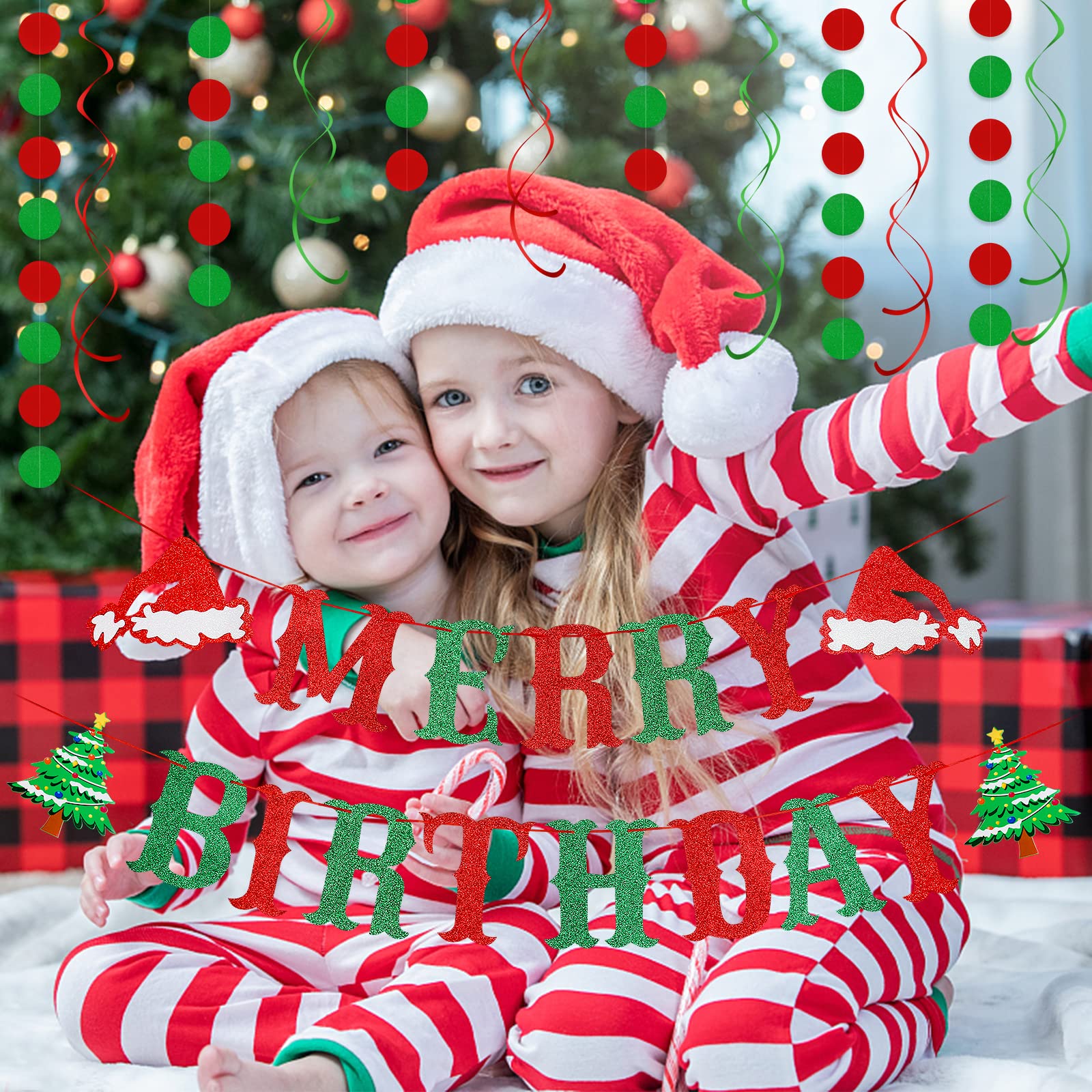 Red and Green Glitter Merry Christmas Birthday Banner - Xmas Party Decorations for Holiday Celebrations, New Year, Baby Shower & Home Decor