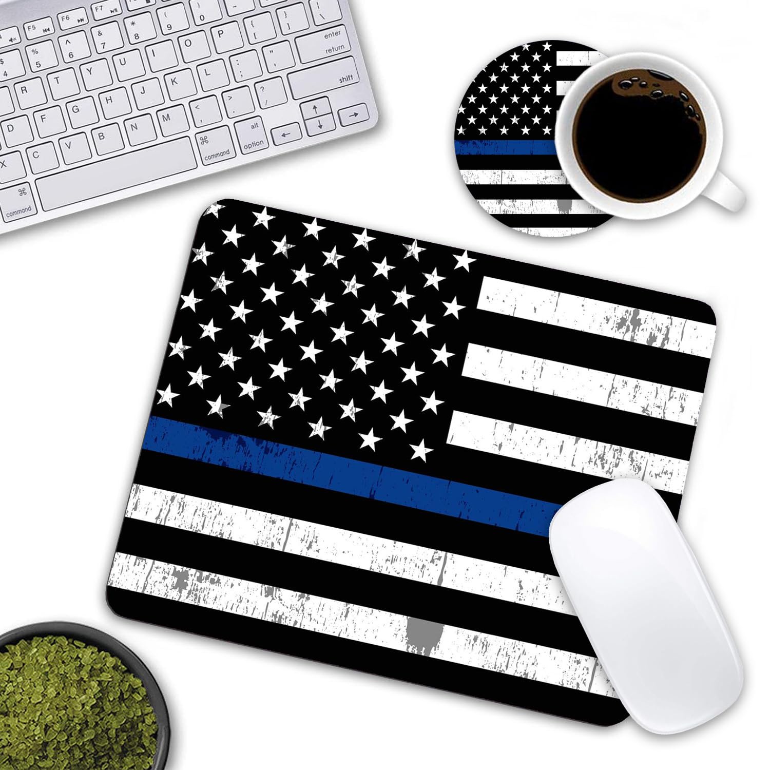 Thin Blue Line American Flag Mouse Pad & Coasters Set - Non-Slip Rubber Base Rectangle Mouse Pad for Laptop, Computer & Office Use - Perfect for Police Supporters, Patriotic Gifts & Home Office Accessories