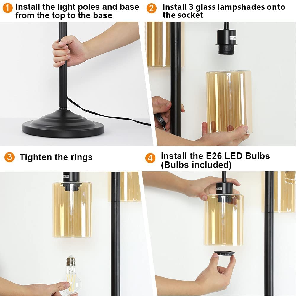 Depuley 3-Light Farmhouse Tree Floor Lamp with Amber Glass Shade - Rustic Industrial Standing LED Light for Living Room, Bedroom & Office - Tall Black Pole Floor Lamp with E26 Bulbs Included - Perfect for Reading Nook, Cozy Corner & Home Decor