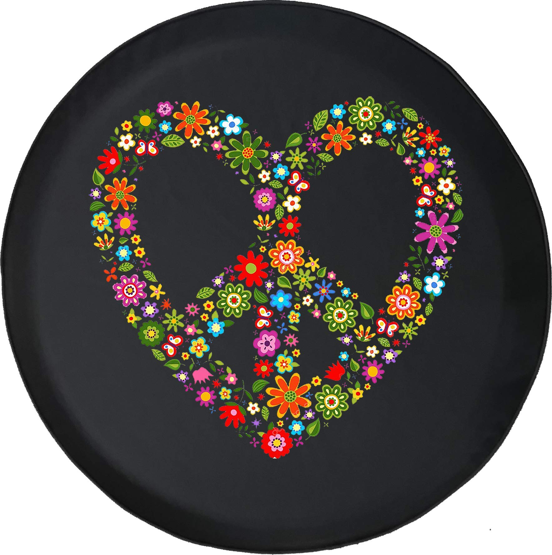 Universal Spare Tire Cover 31 Inch - Black with Heart, Peace Sign & Flower Design - Waterproof & UV Resistant for Trucks, SUVs & Jeeps - Perfect for Off-Road Adventures & Camping Trips