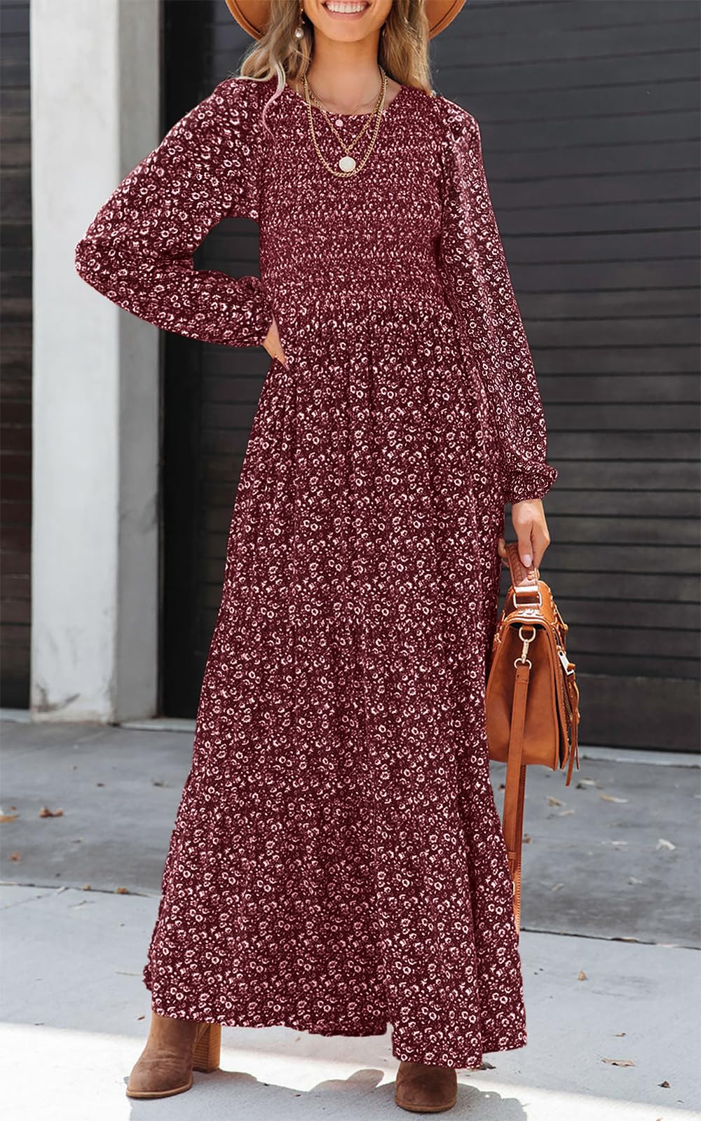 PRETTYGARDEN Women's Floral Maxi Dress Long Sleeve Smocked Tiered Spring Dress 2025 - Flowy Casual Crew Neck Midi Dress for Brunch, Wedding Guest & Vacation Outfits