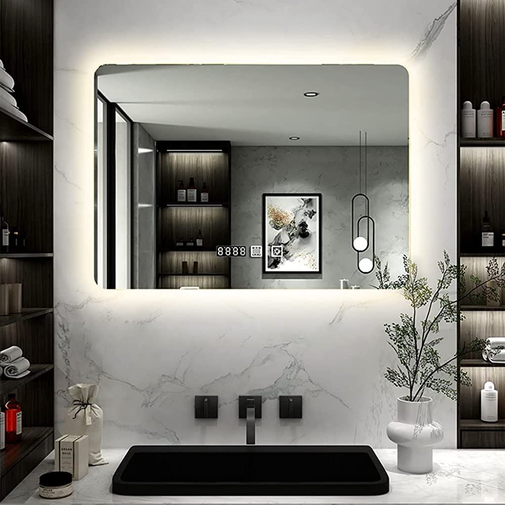 LED Bathroom Mirror with Defogging - Wall Mounted Smart Mirror with Time/Temperature Display, Touch Control, Frameless Design (500x700mm/600x800mm/700x900mm) - Perfect for Vanity, Makeup, Shaving & Modern Bathroom Decor