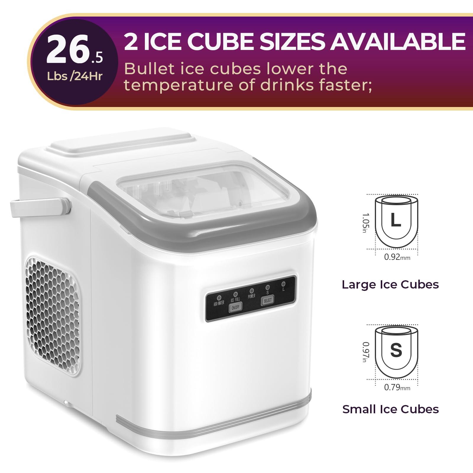 R.W.FLAME Countertop Ice Maker - 9 Bullet Ice Cubes in 6 Minutes, 26.5lbs/24Hrs, Self-Cleaning Portable Ice Machine with Basket & Scoop - Perfect for Home, Office, Kitchen, Bar & Party Use (White)
