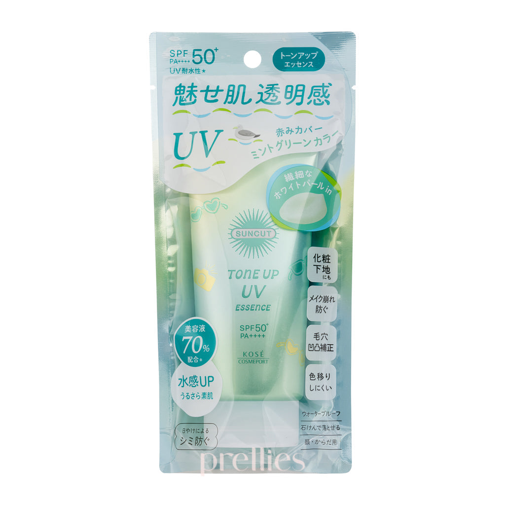 KOSE Suncut Tone Up UV Essence SPF50+ PA++++ - Mint Green Color 80g | Brightening Sunscreen for Face, Lightweight & Non-Greasy | Perfect for Daily Wear, Outdoor Activities & Makeup Base