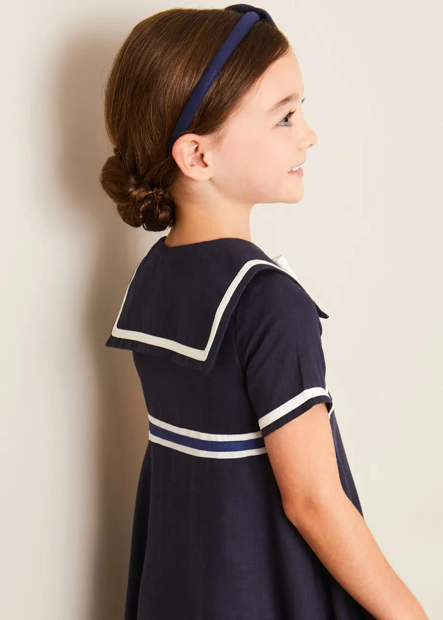Navy Blue Mariner Collar Bow Detail Short Sleeve Dress for Girls (4-12 Years) - Perfect for School, Parties & Special Occasions