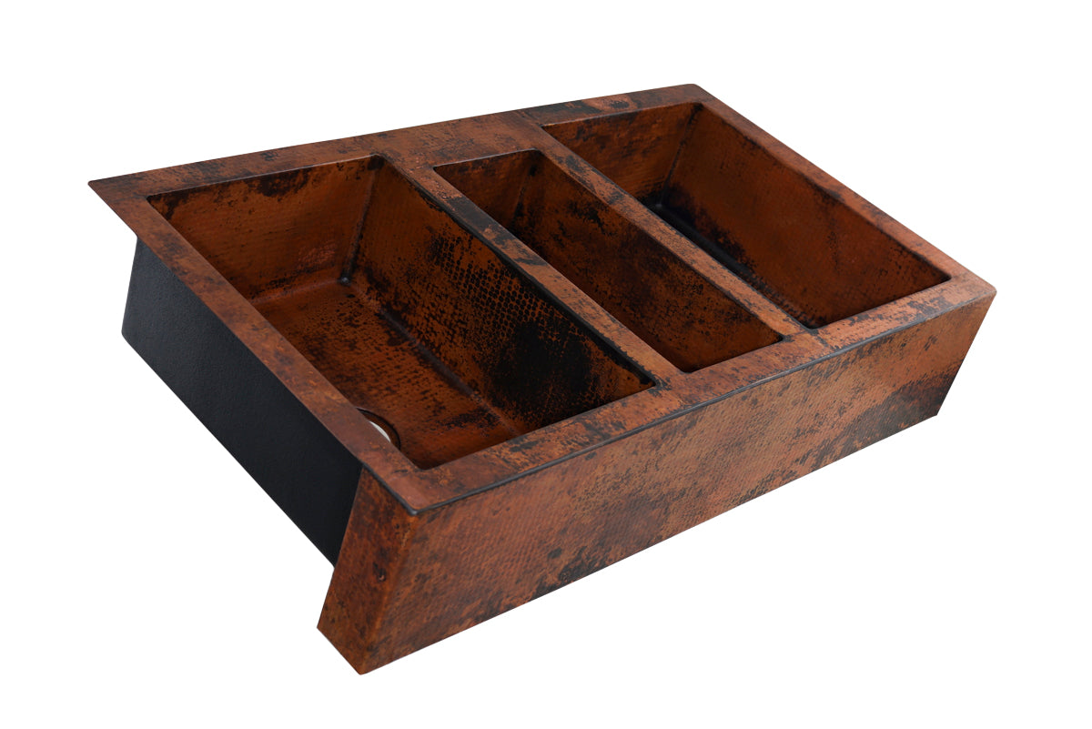 Extra Large Copper Farmhouse Sink with Triple Bowl - Vintage Style Kitchen Sink for Rustic & Modern Homes - Perfect for Cooking, Cleaning & Entertaining