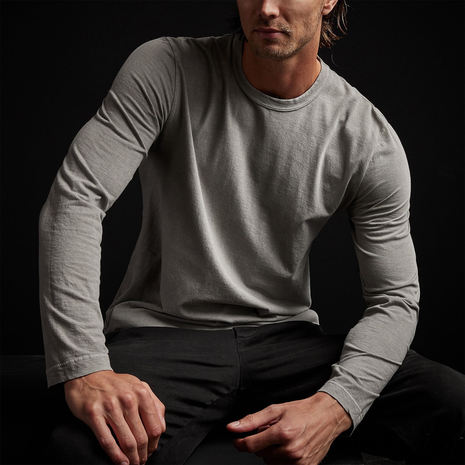 Men's Long Sleeve Crew Neck T-Shirt - Soft Cotton Concrete Gray Pigment Dye - Casual Everyday Wear & Street Style Outfit