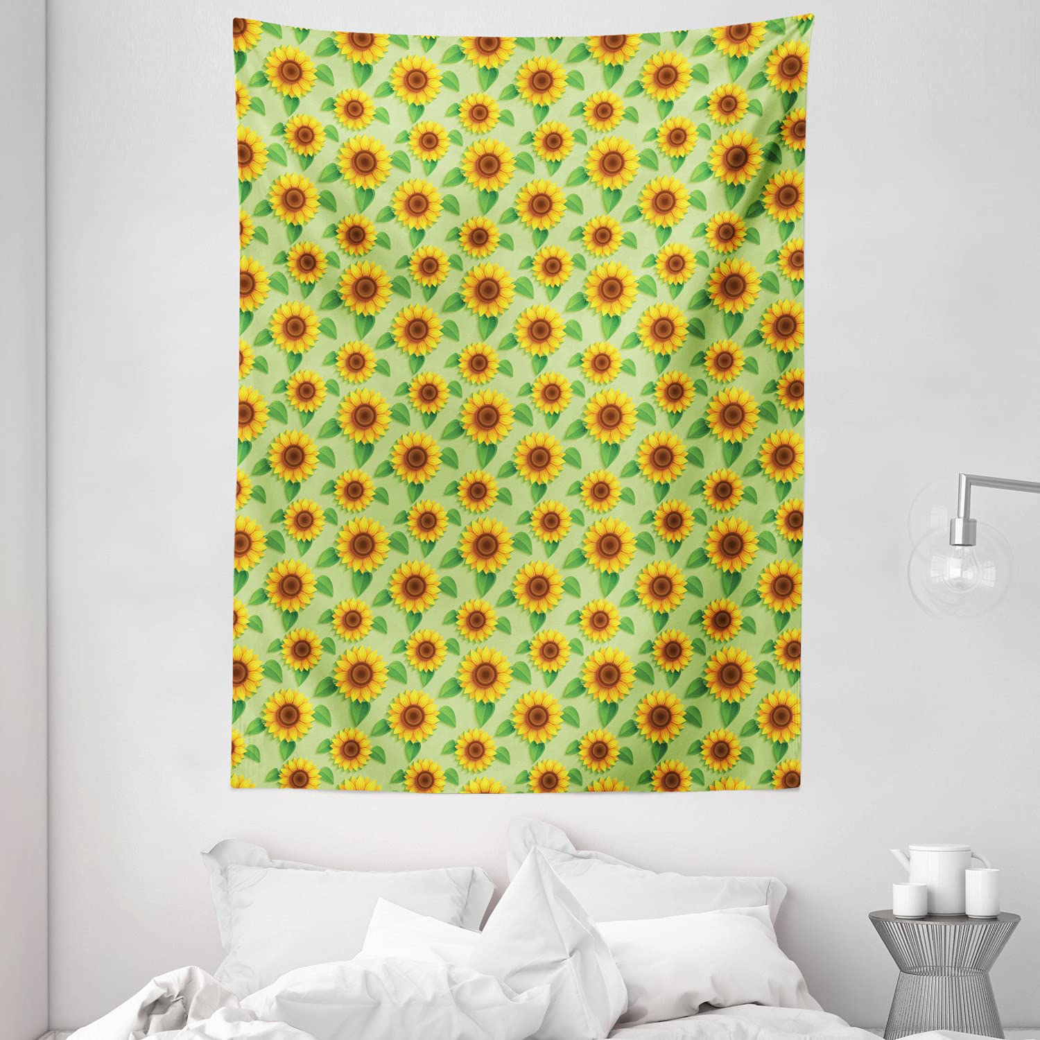 Ambesonne Floral Yellow Tapestry - Sunflower Wall Hanging with Leaves for Summer Decor, 60x80 Inch Bohemian Bedroom & Living Room Tapestry, Pistachio Green & Redbrown - Perfect for Dorm, Home Decor & Photo Backdrops