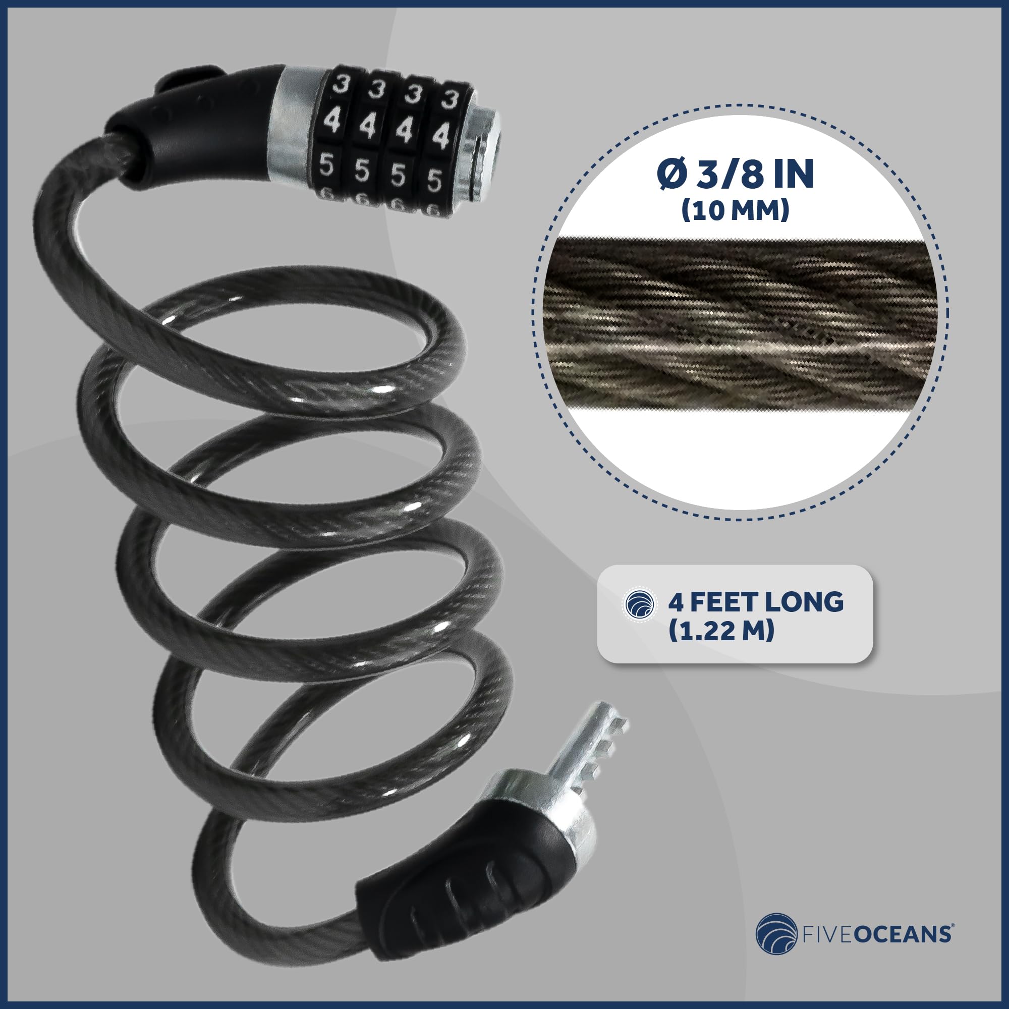 Five Oceans Heavy Duty Combination Bike Lock - 4ft Anti-Theft Security Cable with Resettable Code & Mounting Bracket for Bicycle, Motorcycle, Door, Gate, Fence | Perfect for Urban Commuting, Outdoor Adventures & Home Security - FO3957