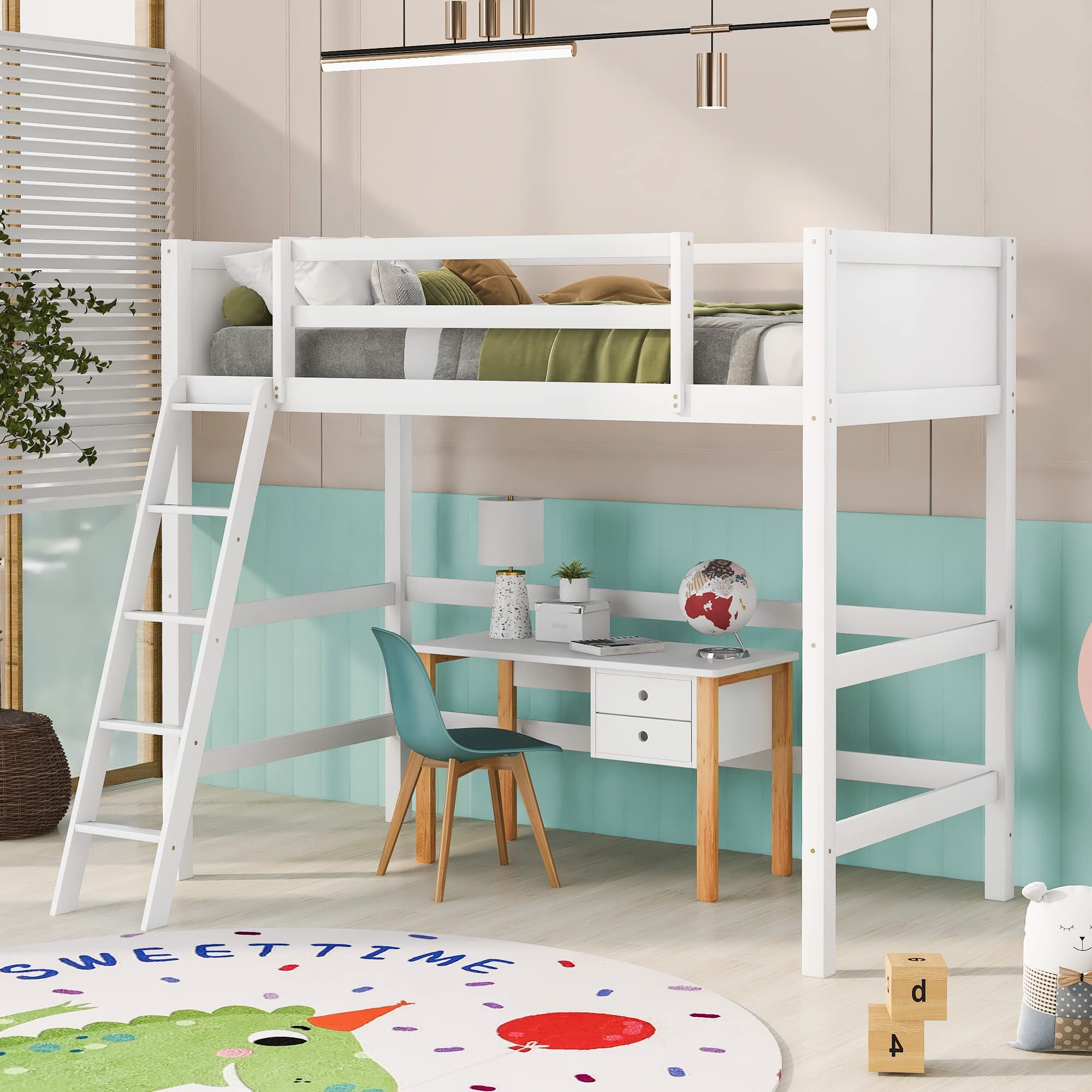Harper & Bright Designs Twin Wooden Loft Bed with Angled Ladder - Sturdy High Loft Bed Frame for Kids & Teens, No Box Spring Needed, White - Perfect for Small Bedrooms, Dorm Rooms & Space-Saving Kids Rooms