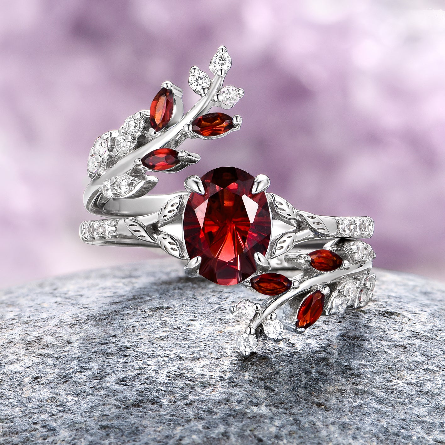 Star Cut Garnet & Whiskey Barrel Couples Ring Set - Matching Wedding Bands for Him & Her - Romantic Anniversary Gift for Couples - Perfect for Engagements, Weddings & Special Occasions