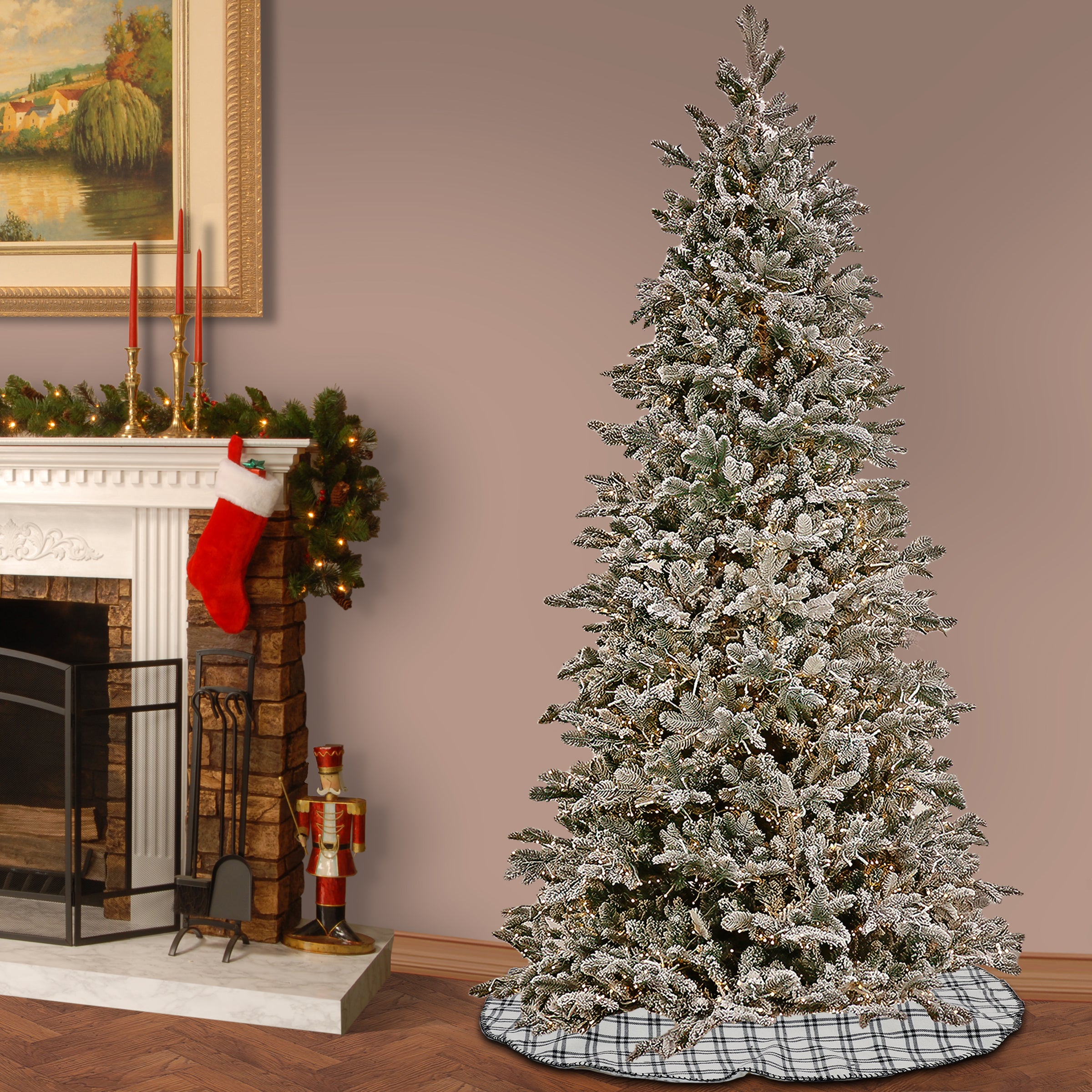 7.5 ft Pre-Lit Snowy Slim Artificial Christmas Tree with 500 Warm White LED Lights - Perfect for Living Room, Office, and Holiday Decorations