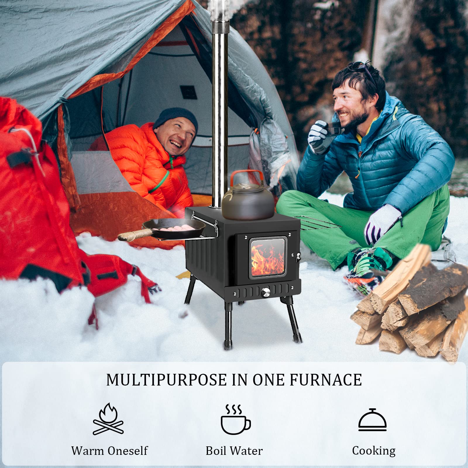 Portable Folding Wood Burning Camping Stove with Chimney Pipe & Spark Arrestor - Lightweight Outdoor Cooking Stove for Backpacking, Hiking, Emergency Survival & Tent Heating