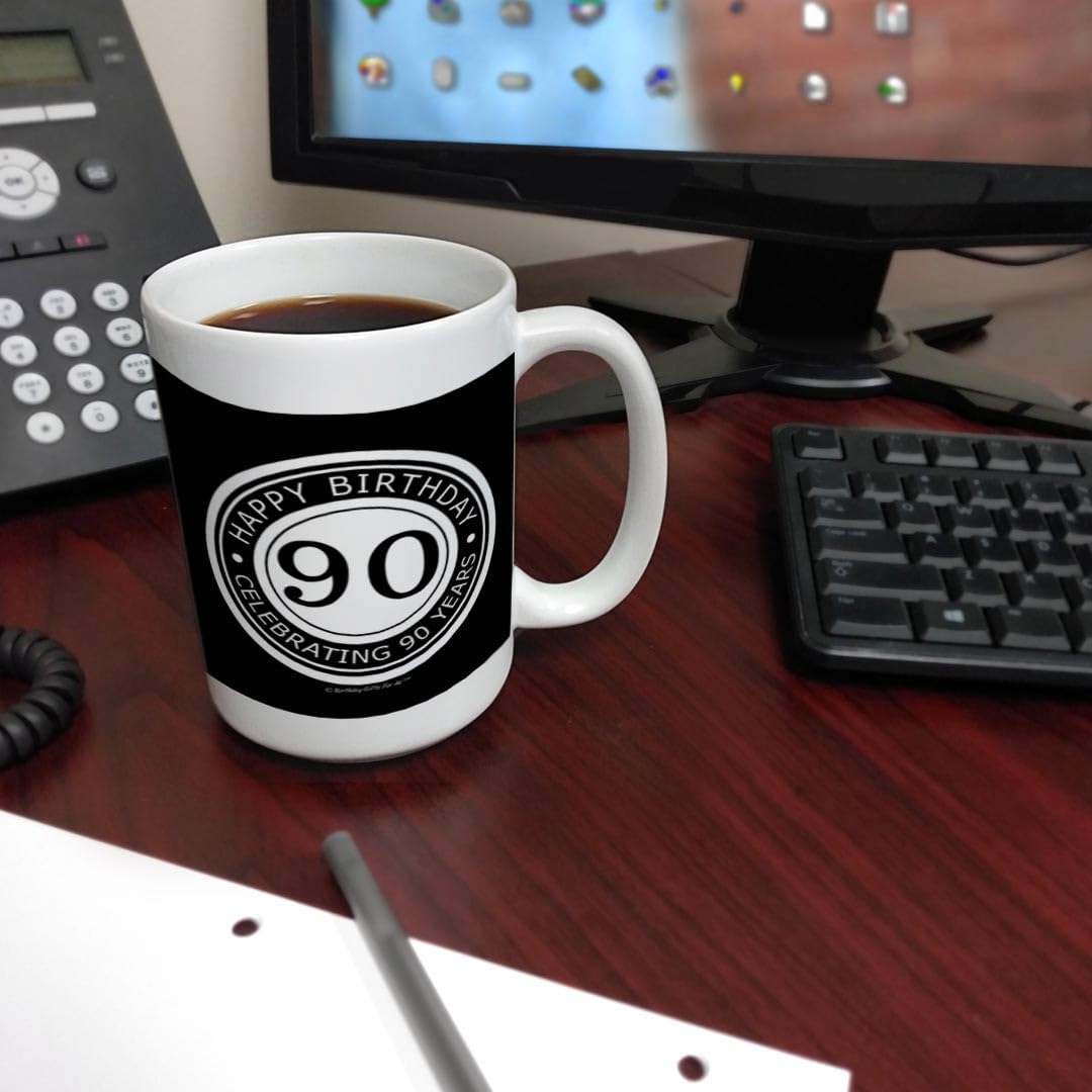 90th Birthday Gifts - 15oz Black Mug for Celebrating 90 Years - Perfect for Coffee, Tea, and Memorable Moments