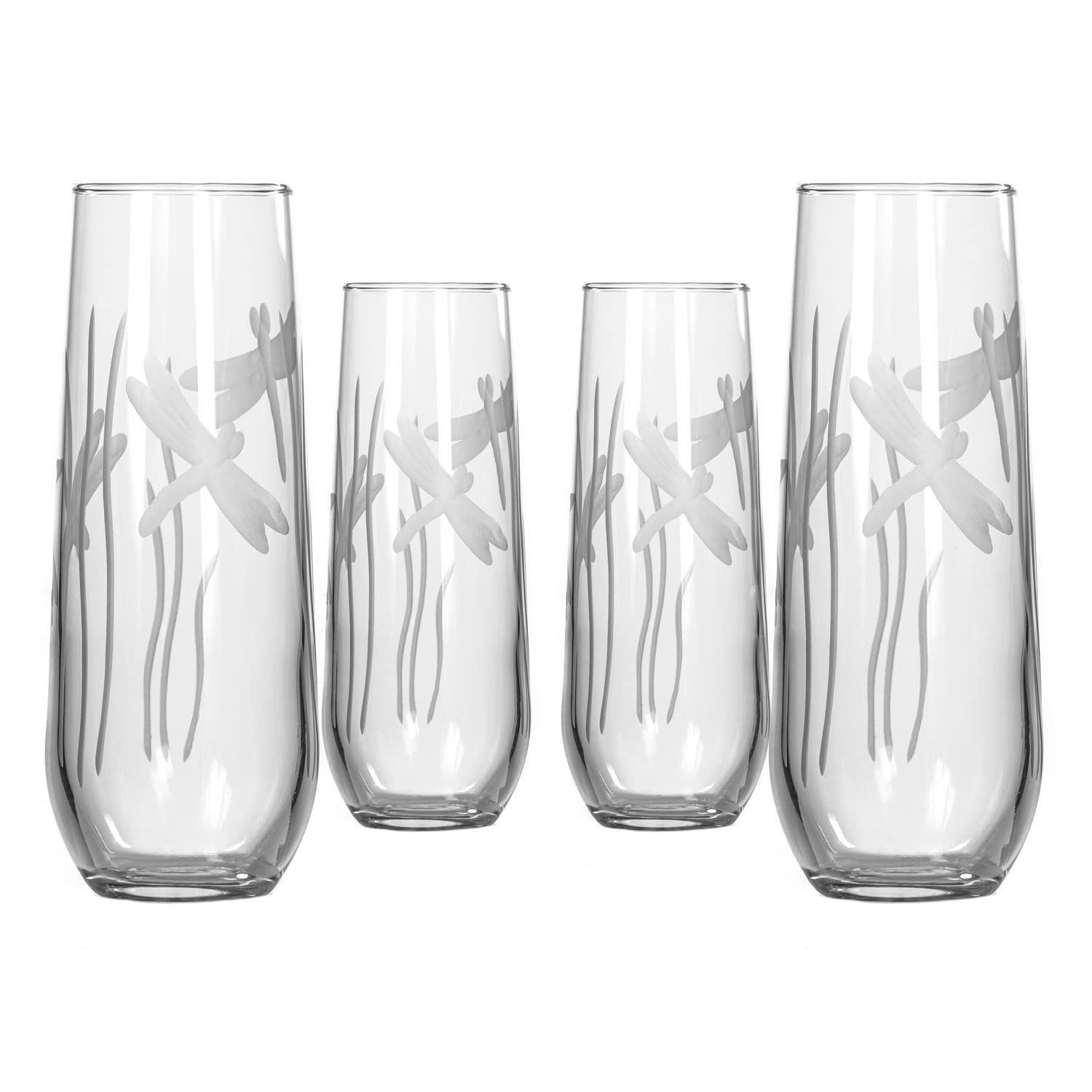 Premium Rolf Glass Dragonfly Stemless Champagne Flutes - Set of 4 (8.5 oz Each) - Lead-Free Crystal Clear Glasses with Elegant Etching - Perfect for Weddings, Parties & Special Celebrations - Handcrafted in USA