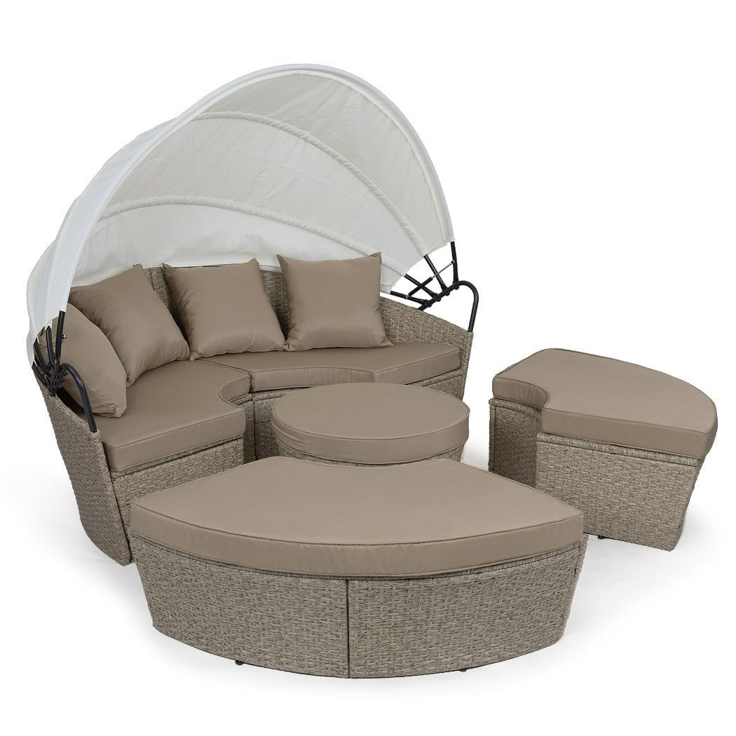 5-Piece Round Wicker Daybed Lounge Set with Canopy - Beige Outdoor Furniture for Patio, Garden, Poolside Relaxation & Boho Decor