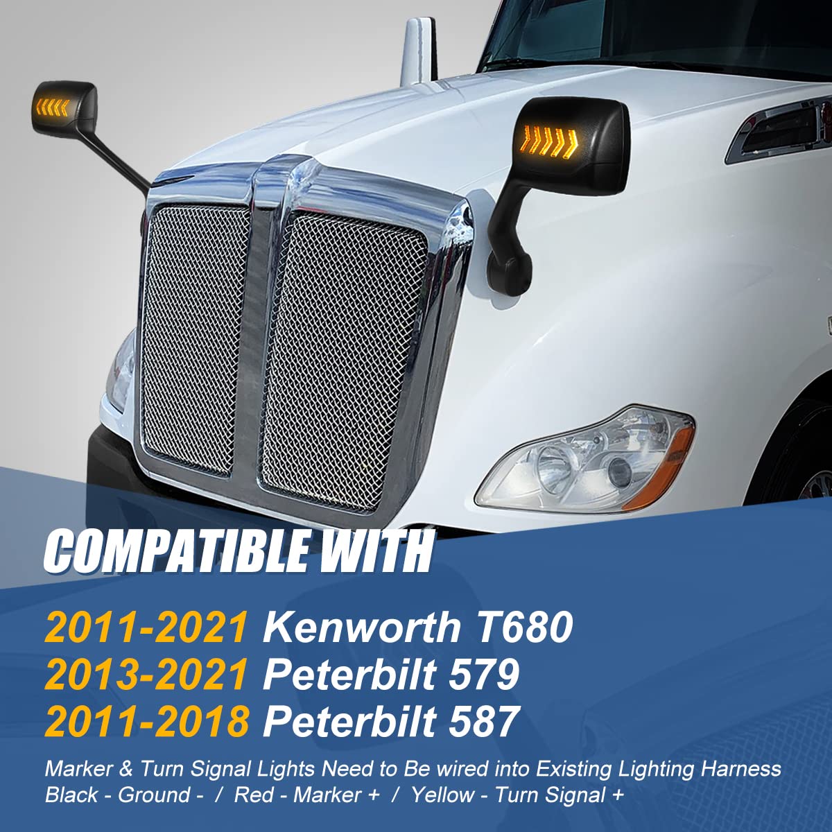 Auto Dynasty Arrow-Pattern LED Sequential Turn Signal Manual Adjust Side Mirrors for Kenworth T680 & Peterbilt 579/587 (2011-2021) - Textured Black - Driver & Passenger Side - Enhanced Visibility & Safety for Truck Drivers