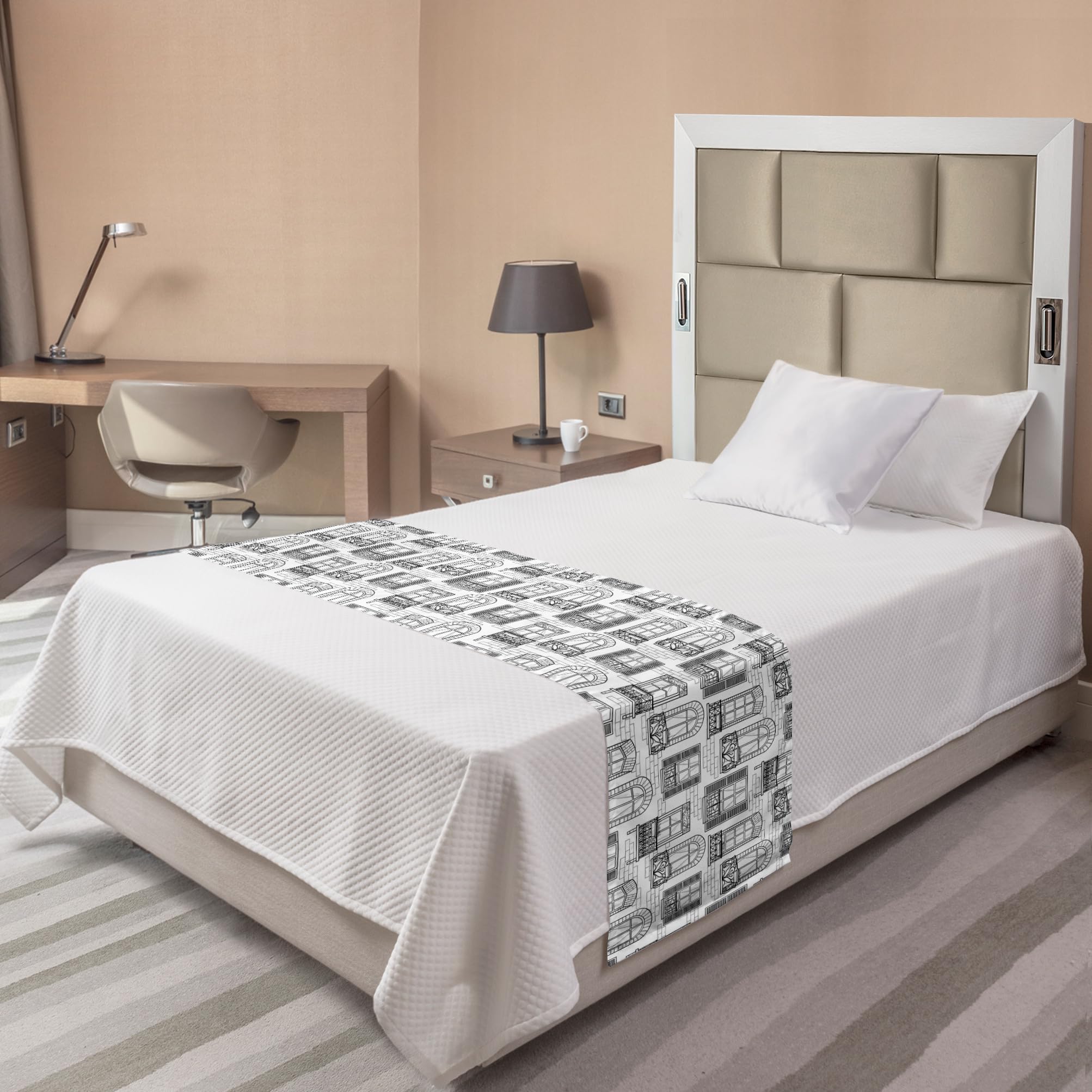 Ambesonne Geometric Bed Runner - Urban Architecture European Windows City Town Design, Decorative Bed Scarf for Hotels, Homes & Guest Rooms - Grey White | Perfect for Modern Bedroom Decor, Guest House Styling & Airbnb Listings