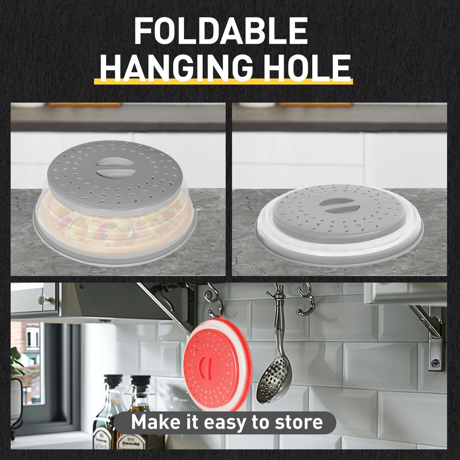 2 Pack Collapsible Microwave Splatter Cover - Vented Microwave Lid with Hook Hole, Splatter Guard for Plates Dishes Bowls, Multi-Function Kitchen Gadget for Vegetables & Fruits (Grey & Red) - Perfect for Meal Prep & Reheating Food Safely