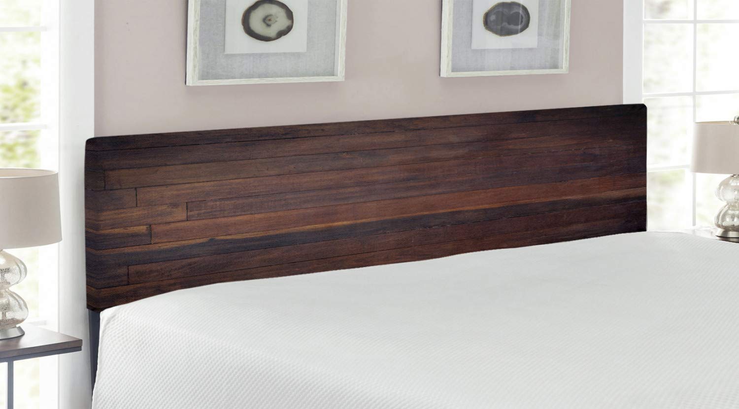 Ambesonne Chocolate Upholstered King Size Headboard - Dark Brown Aged Weathered Oak Wood Plank Design with Memory Foam - Country Style Metal Bed Frame for Master Bedroom & Guest Room Decor