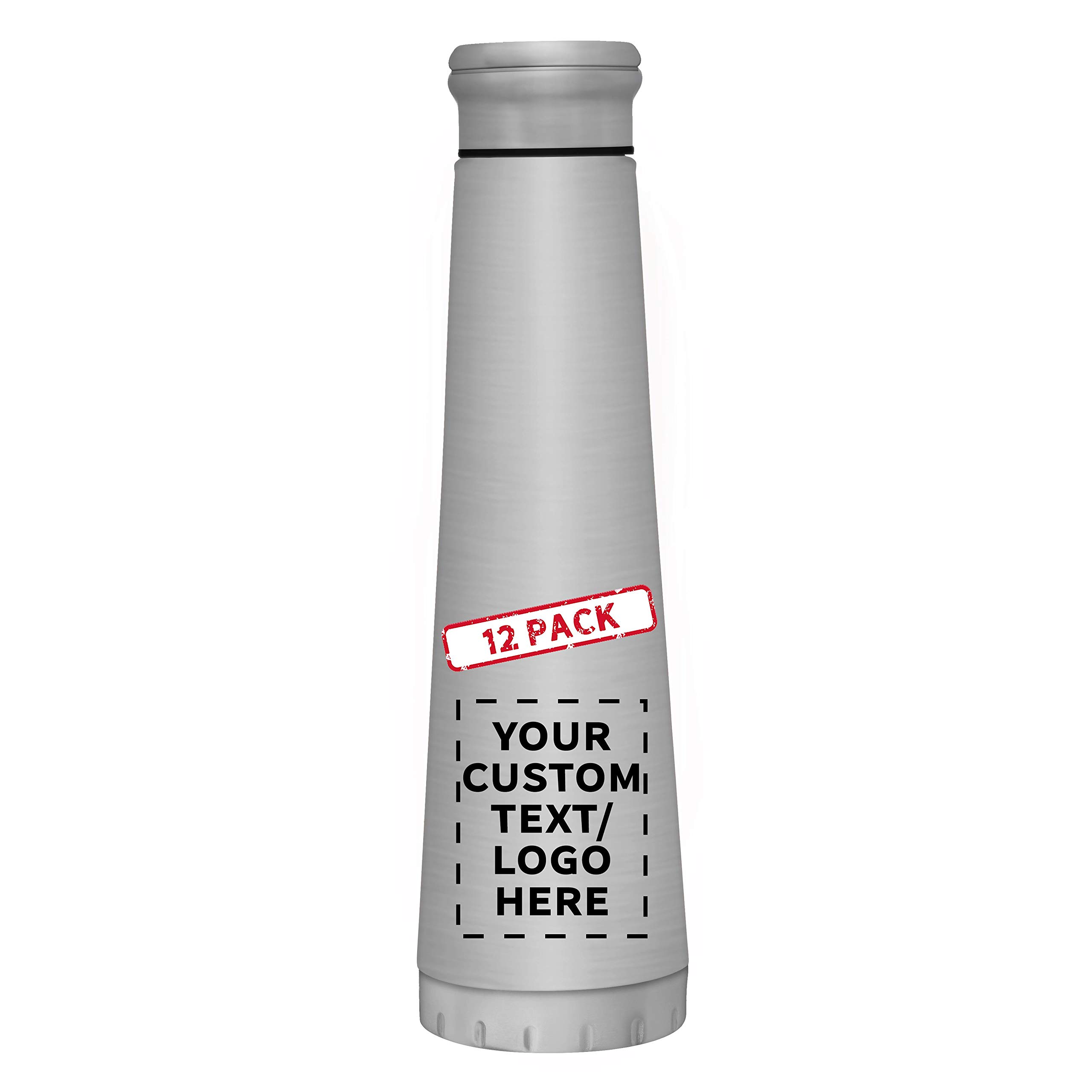 12 Pack 16 oz Vacuum Insulated Stainless Steel Water Bottles - Double Wall BPA Free Silver - Custom Text & Logo Printing - Perfect for Gym, Hiking, Office & Outdoor Activities