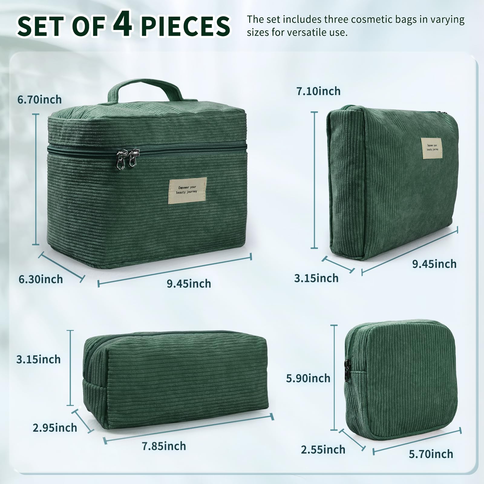 4 Pcs Corduroy Makeup Bags for Women - Aesthetic Cute Cosmetic Bags Set with Zipper, Multi-Size Travel Toiletry Organizer Pouch (Green) | Perfect for Travel, Gym, Daily Use & Gift Giving