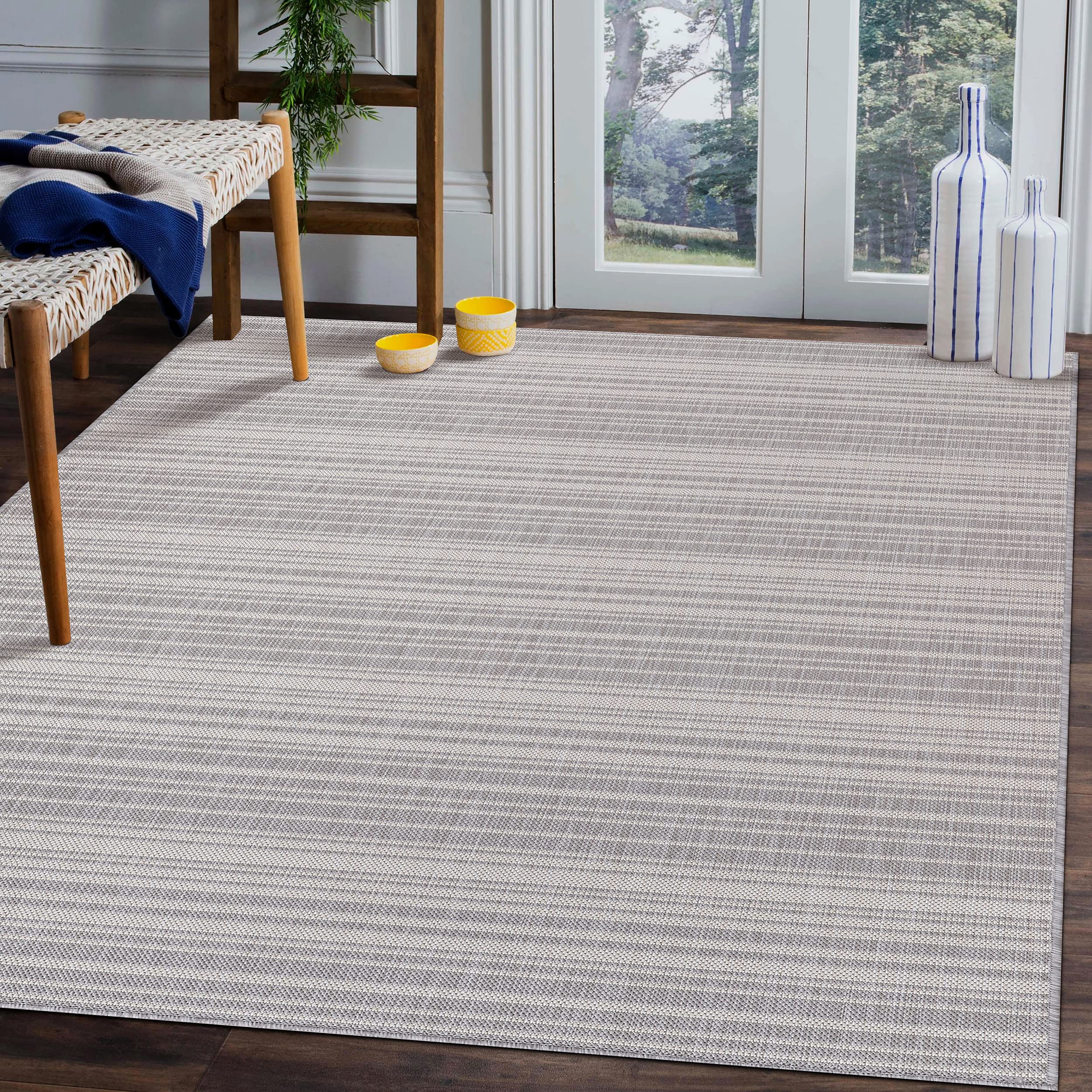 Beverly Rug Waikiki 6x9 Indoor/Outdoor Washable Area Rug - Water Resistant Grey & White Striped Carpet for Patio, Deck, Porch, Backyard, Poolside | Perfect for Outdoor Entertaining & High-Traffic Areas