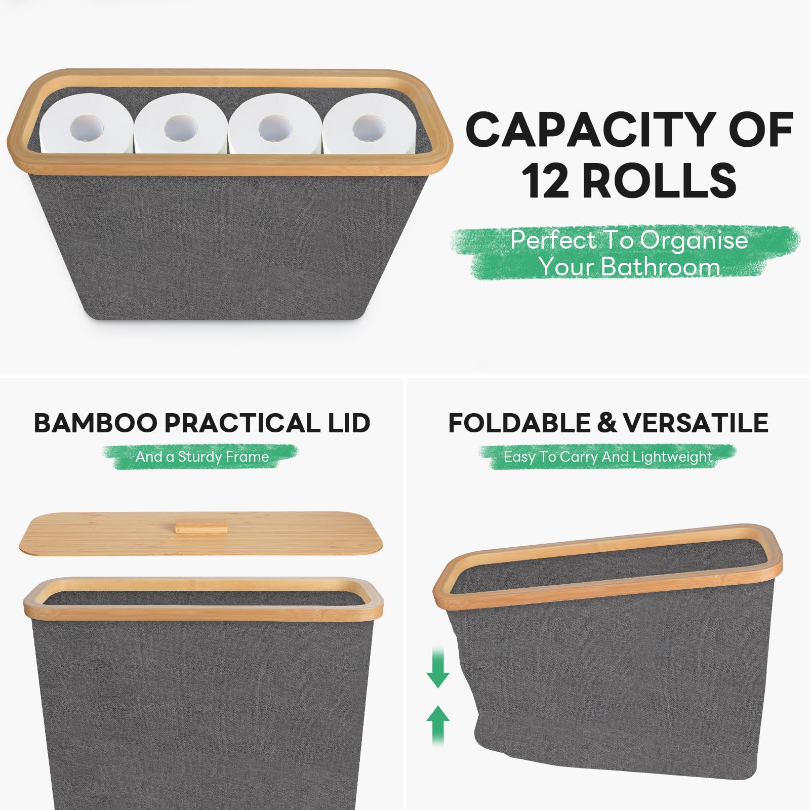 Bamboo Toilet Paper Storage Basket - 12 Rolls Holder Organizer for Bathroom, Toilet Tank & Countertop - Bathroom Accessories for Home, Office & RV - Space Saving & Stylish Storage Solution