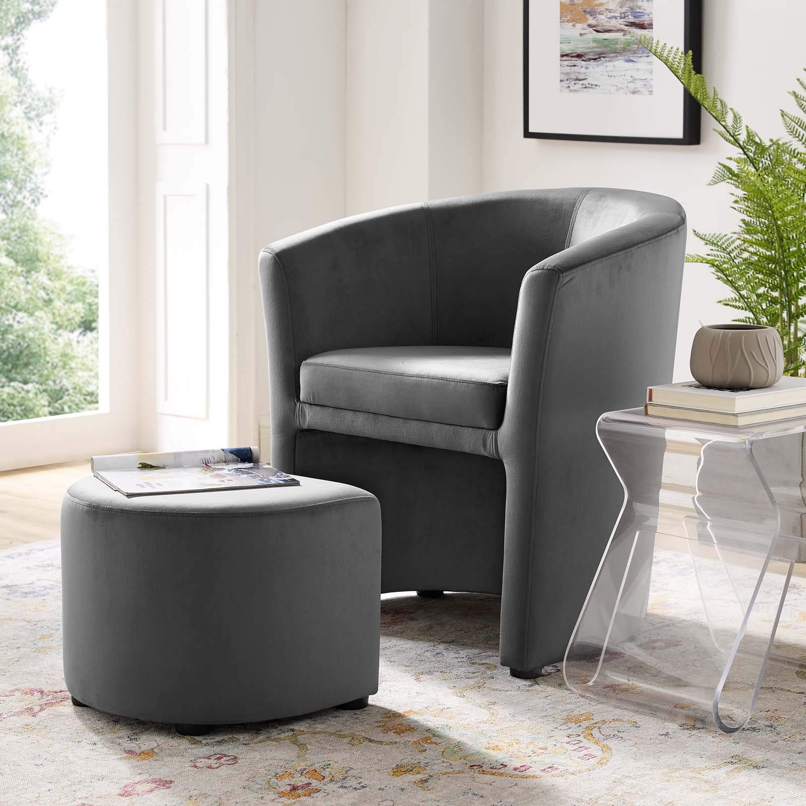 Modern Velvet Accent Chair with Ottoman - Gray Living Room Lounge Lobby Armchair for Home Decor | Perfect for Reading Nook, Bedroom Sitting Area & Office Waiting Room