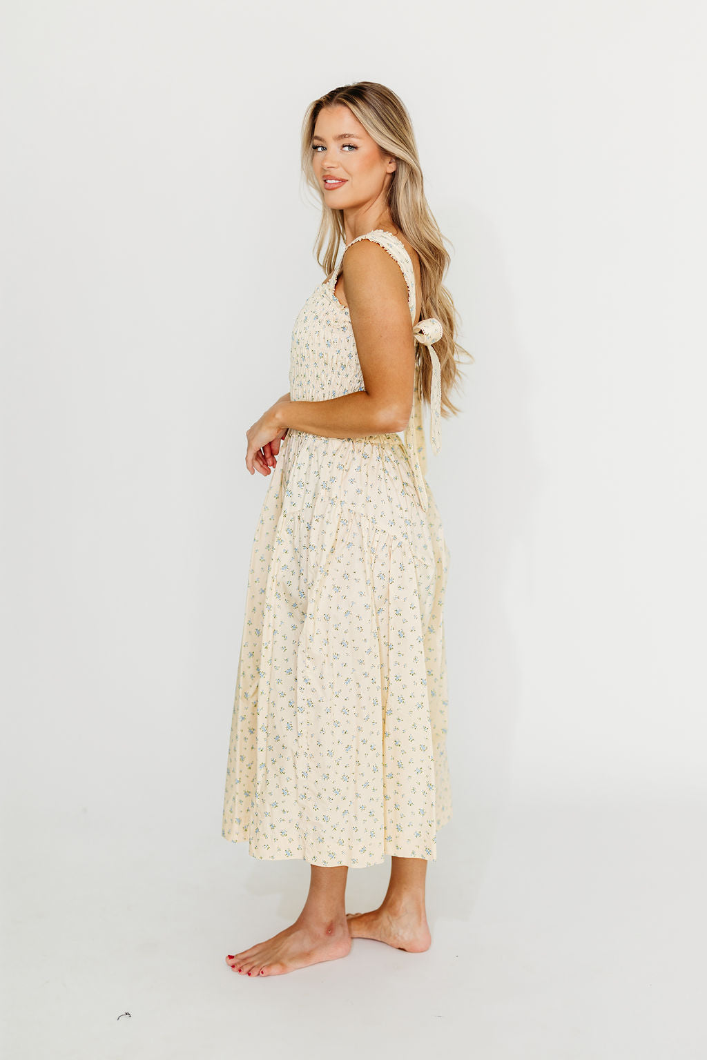 Ava 100% Cotton Smocked Midi Dress - Cream & Blue Floral Print, Women's Summer Casual Dress for Beach, Brunch & Outdoor Events