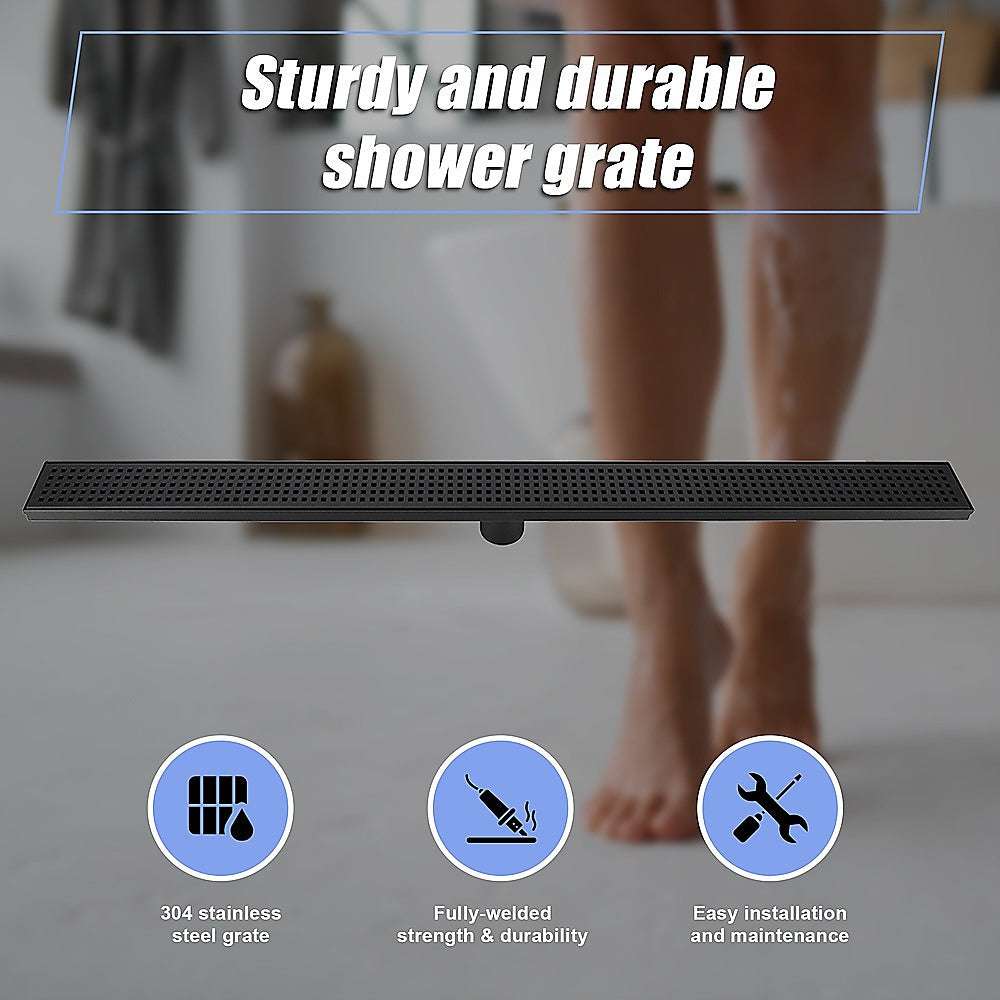 1000mm Black Square Pattern Bathroom Shower Drain Grate with Center Outlet - Floor Waste Drain for Modern Bathrooms & Wet Rooms