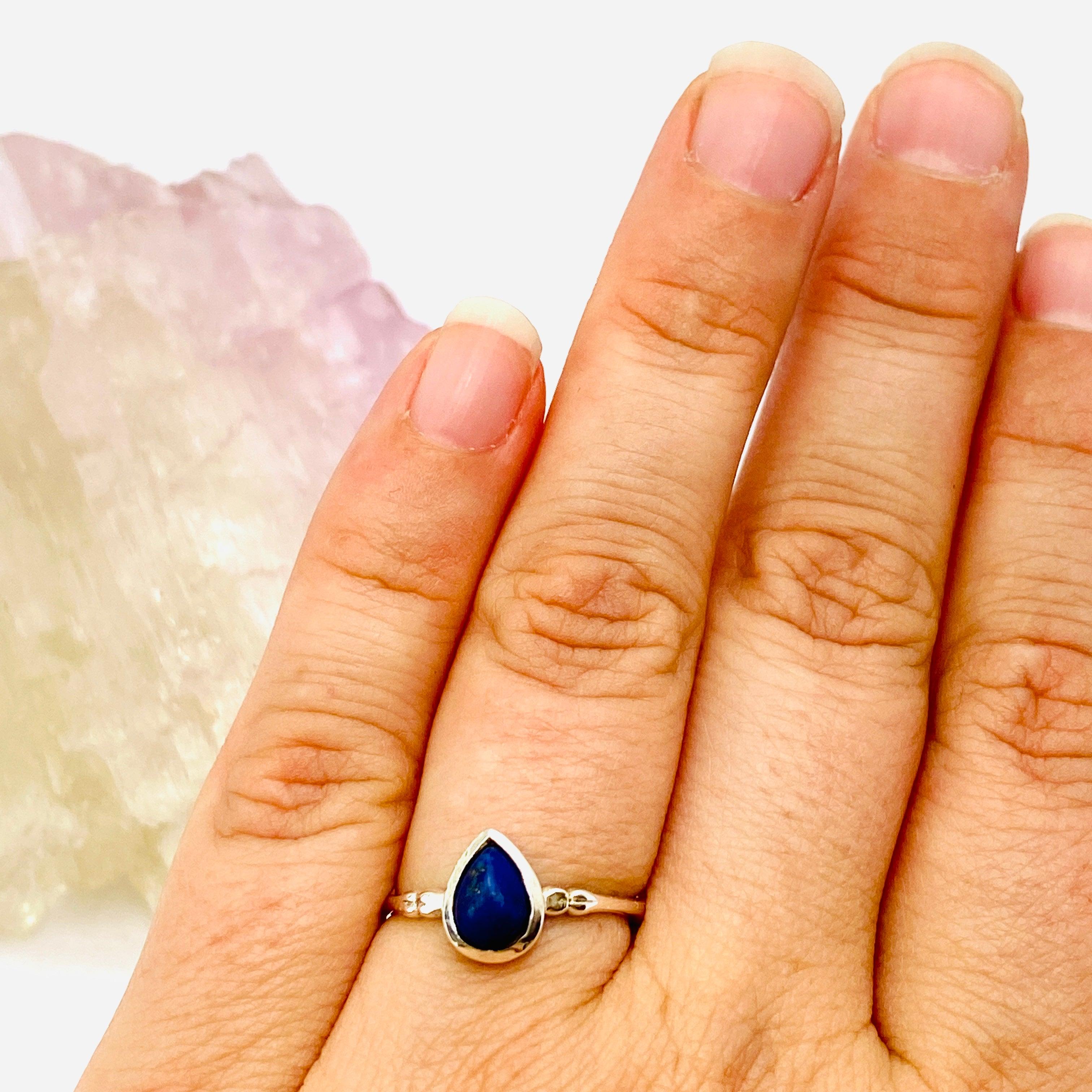 Lapis Lazuli Cabochon Teardrop Fine Band Ring - 925 Sterling Silver Handmade Jewelry for Women - Perfect for Gift Giving, Meditation & Spiritual Healing