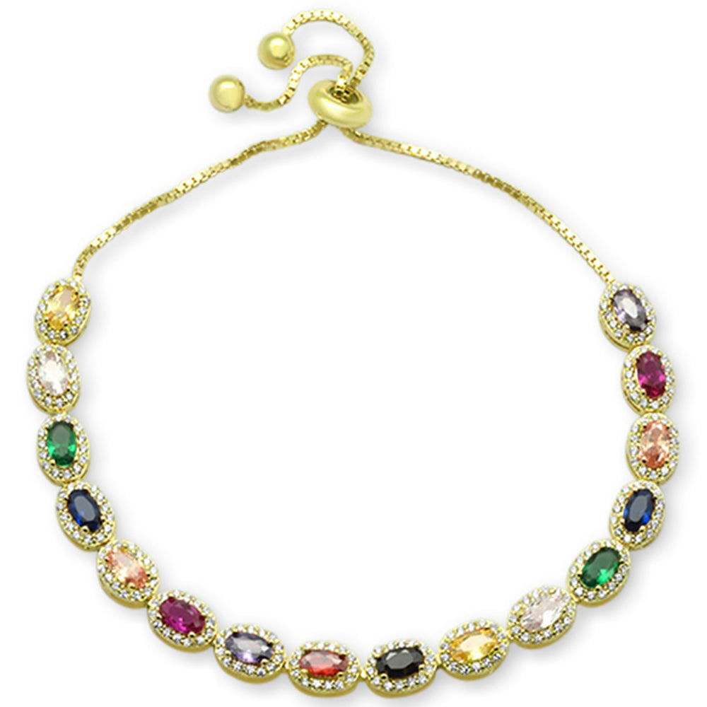 Yellow Gold Plated Oval Multicolor Gemstones CZ .925 Sterling Silver 7-9 Inch Adjustable Toggle Bolo Bracelet for Women - Perfect for Parties, Weddings & Everyday Fashion Accessories