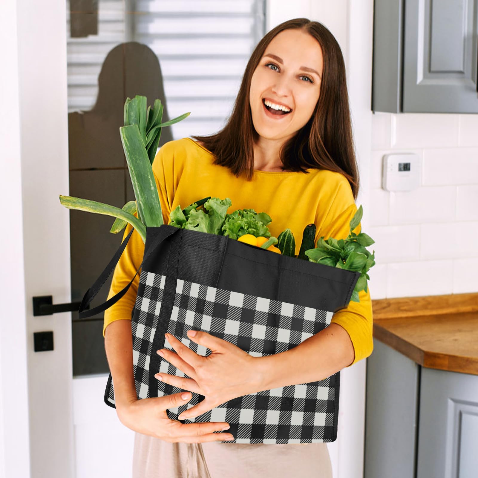 WISELIFE 10 Pack Reusable Grocery Shopping Bags - Large Foldable Tote Bags Bulk Set, Eco-Friendly Produce Bags with Long Handles for Groceries, Clothes & Shopping (Plaid C) - Perfect for Grocery Stores, Farmers Markets & Travel