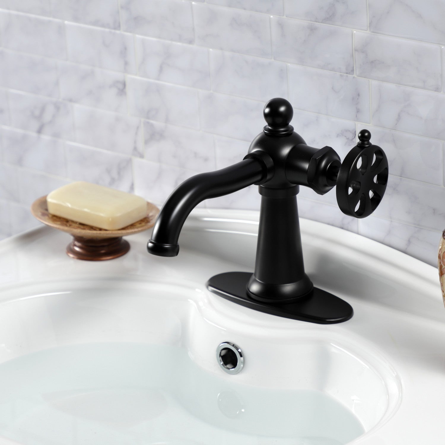Belknap KSD3540RX Matte Black Single Handle Bathroom Sink Faucet with Deck Plate & Push Pop-Up Drain - Perfect for Modern Vanities and Small Bathroom Spaces