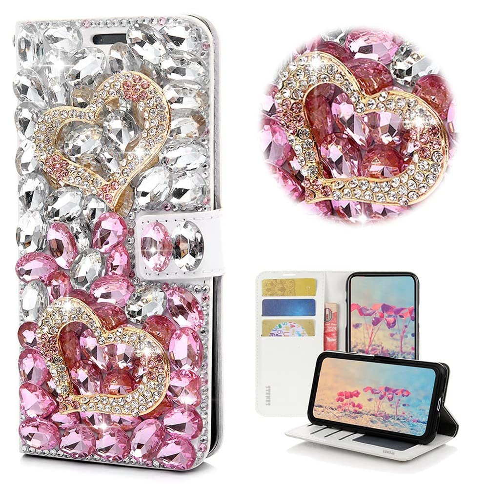 STENES Bling Wallet Case for iPhone 6/6S - 3D Handmade Crystal Heart Magnetic Leather Cover with Neck Strap Lanyard [3 Pack] - Stylish Pink Phone Wallet - Perfect for Parties, Dating & Everyday Use