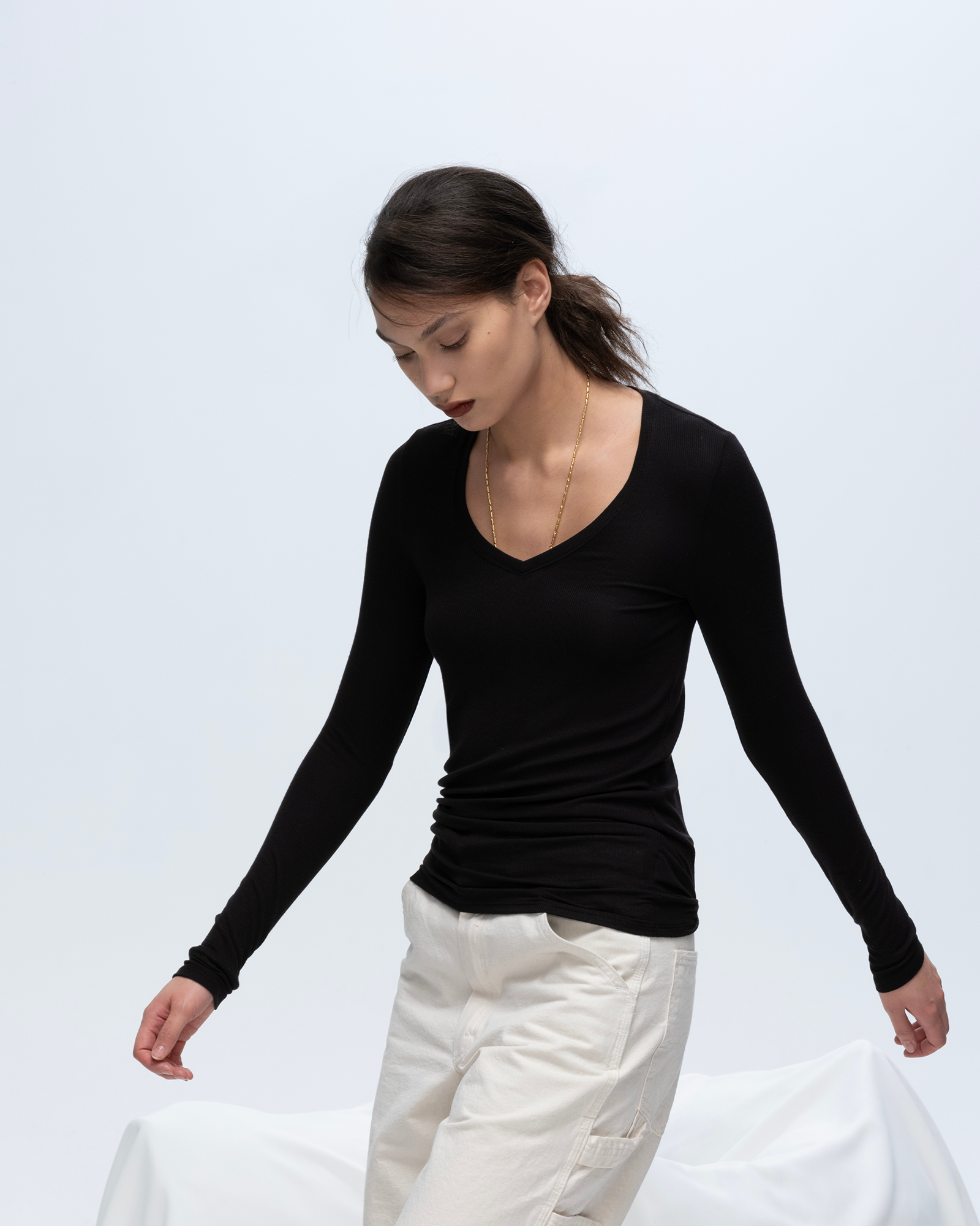Soft Modal Rib Long Sleeve V-Neck T-Shirt for Women - Comfortable Stretch Fit Basic Top - Perfect for Layering, Casual Wear & Everyday Outfits