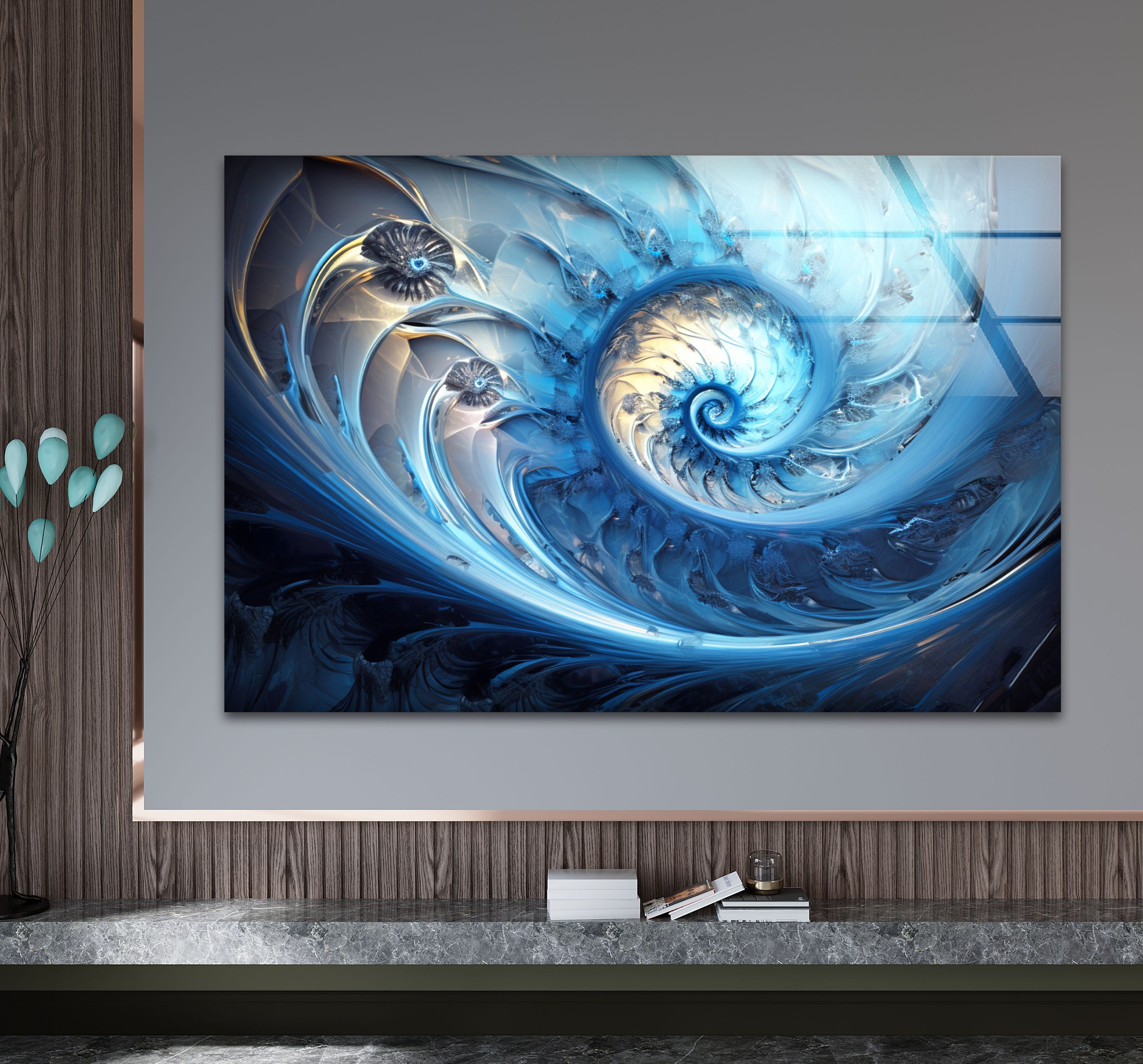Blue Fractal Spiral Wall Art - Abstract Nautilus Glass Print for Modern Living Room & Office Decor | Perfect for Contemporary Home & Workspace Interiors
