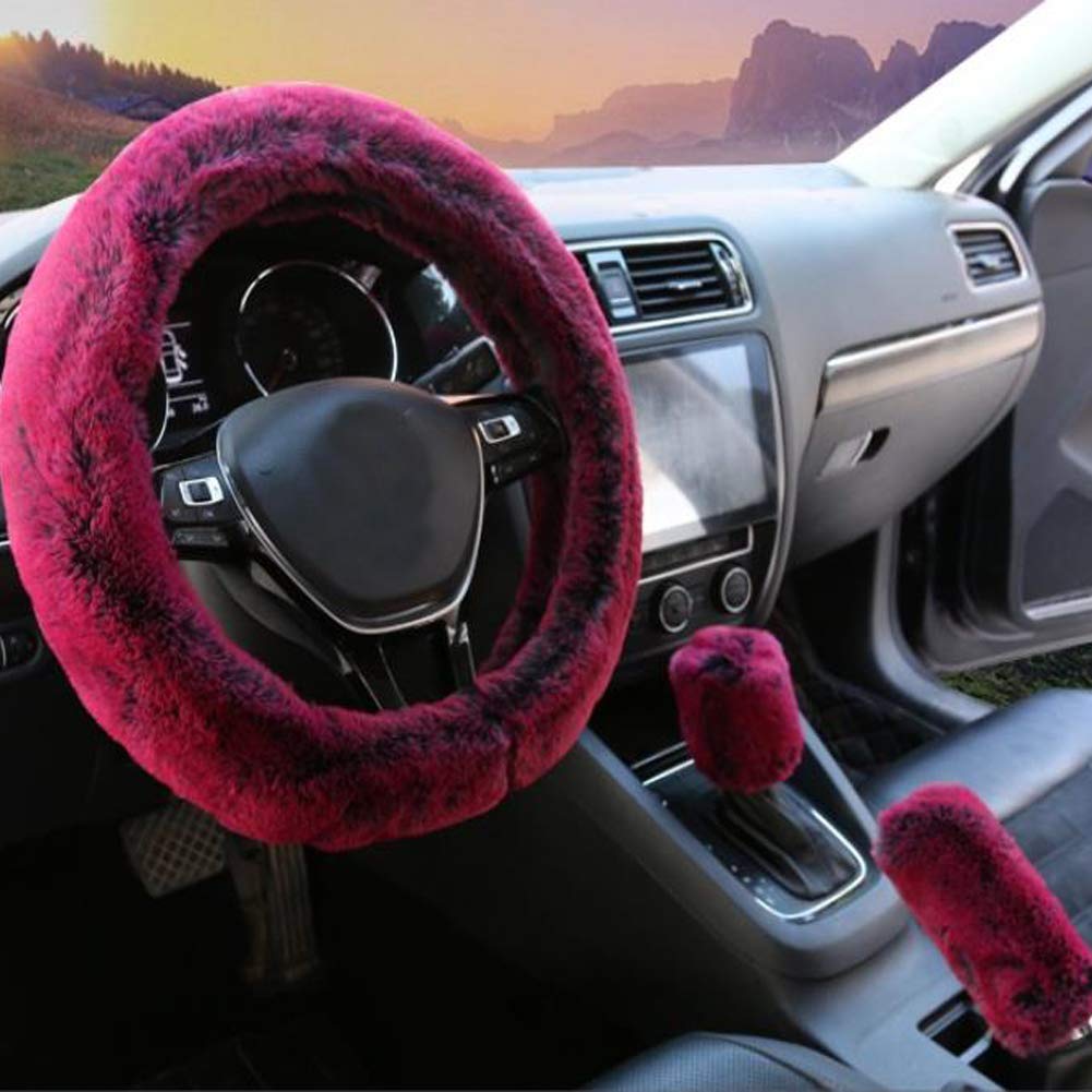 SHIAWASENA Warm Faux Wool Steering Wheel Cover Set - 3 Pcs (Red & Black) with Handbrake & Gear Shift Covers | Winter Car Accessories for Cold Weather Driving Comfort