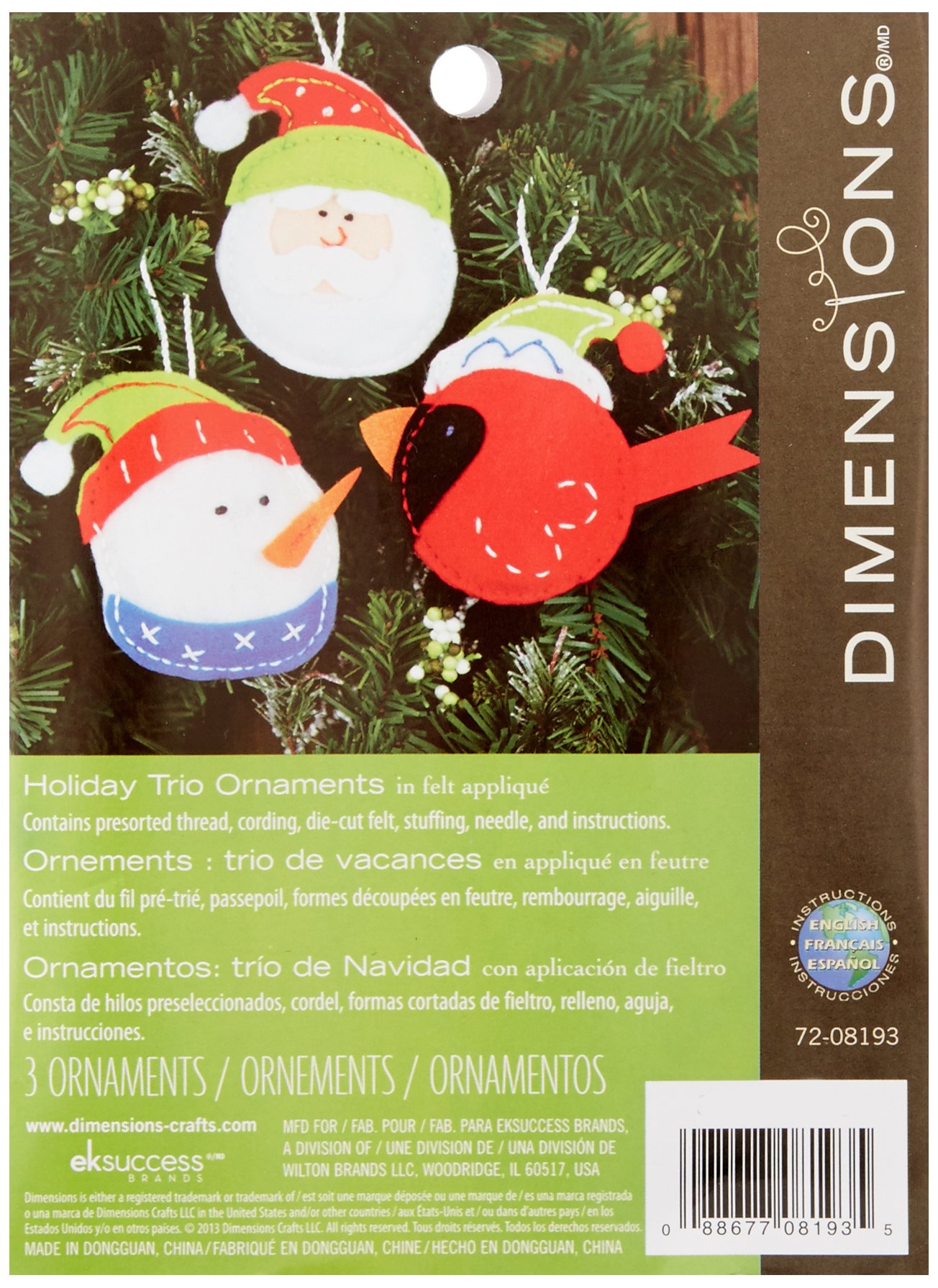 Dimensions Crafts Felt Applique Ornaments - Holiday Trio Set for Christmas Tree Decorations, DIY Craft Projects & Festive Home Decor