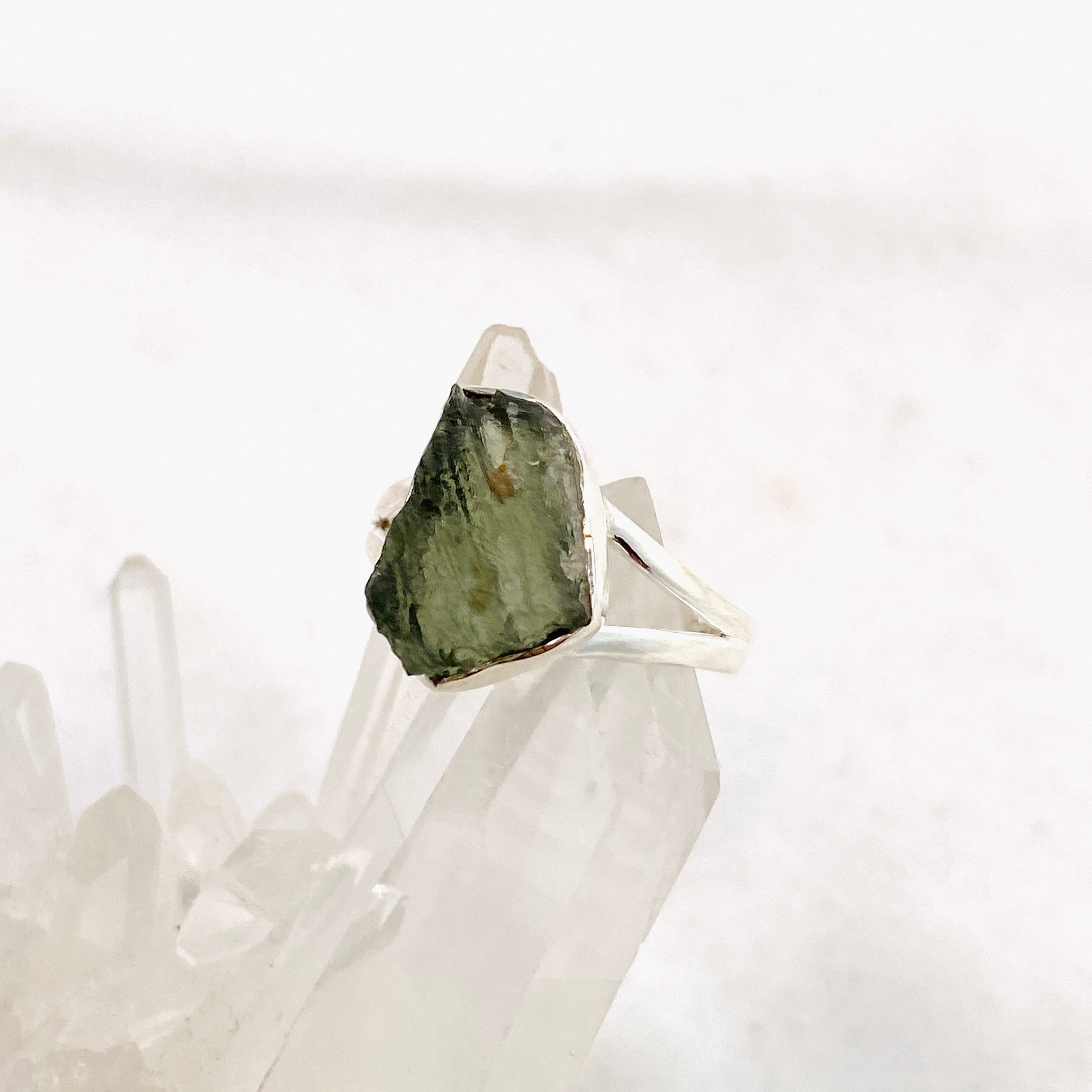 Natural Moldavite Raw Split Band Ring - Size 9 Green Meteorite Stone Jewelry KRGJ3359 | Spiritual Healing, Meditation & Unique Gift for Women