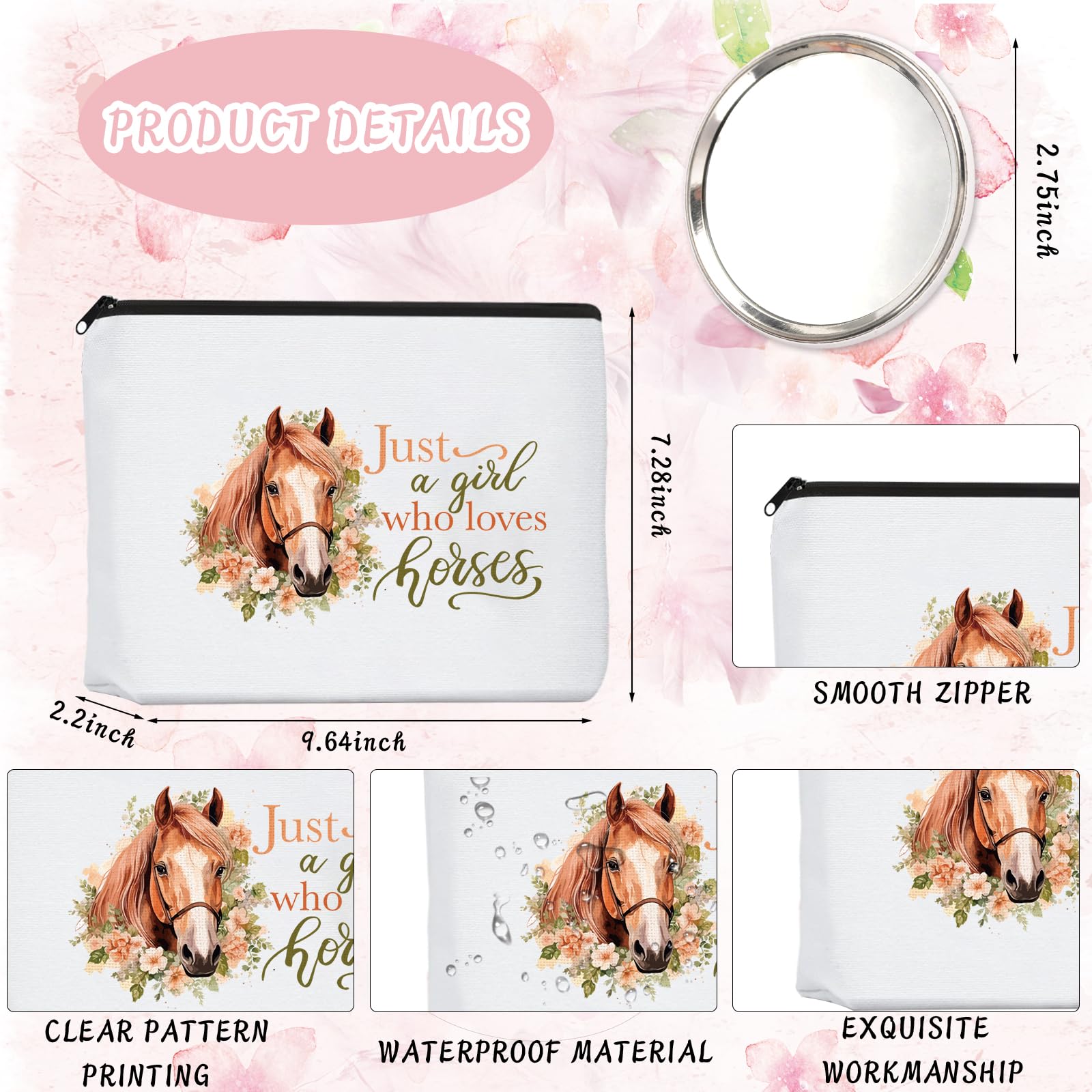 Equestrian Gifts Set - Travel Makeup Bag, Cute Horse Socks, Hair Ties & Mini Mirror - Perfect for Valentine's Day, Anniversary & Birthday Presents for Women & Girls - Great for Equestrian Enthusiasts, Horseback Riding & Farm Life Accessories