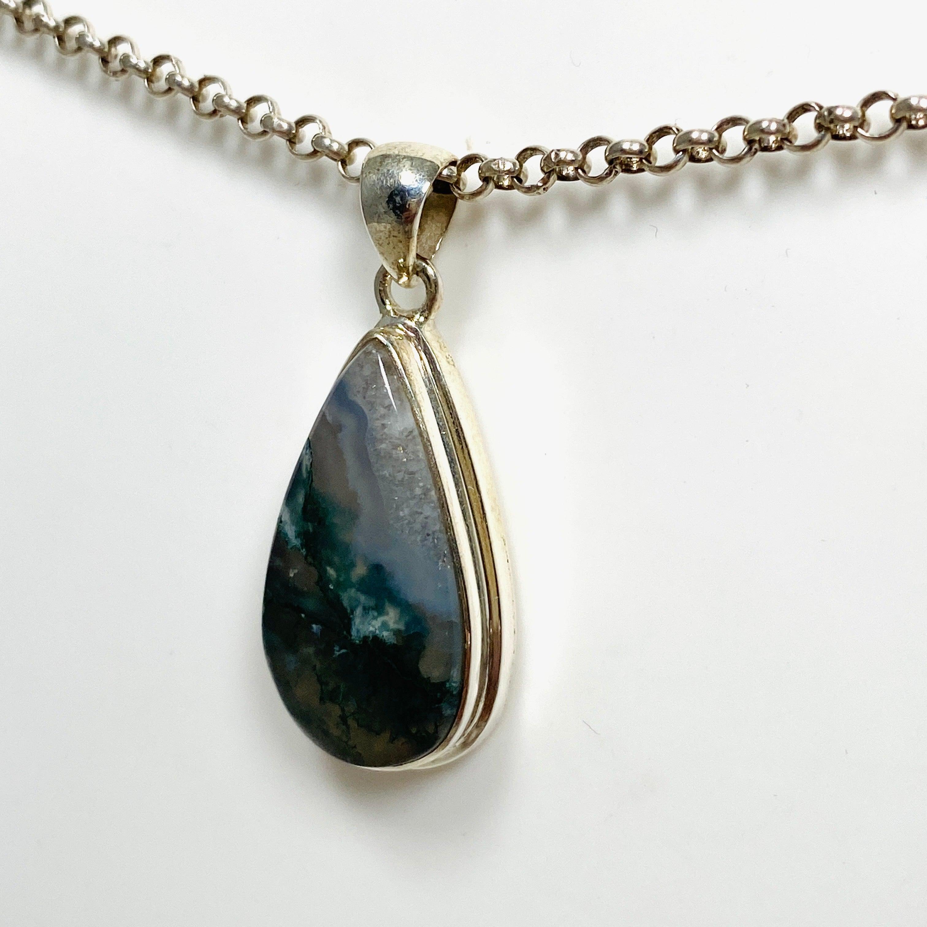 Natural Moss Agate Teardrop Pendant Necklace - 925 Sterling Silver Jewelry KPGJ3625 | Healing Crystal Gift for Women, Meditation & Spiritual Protection