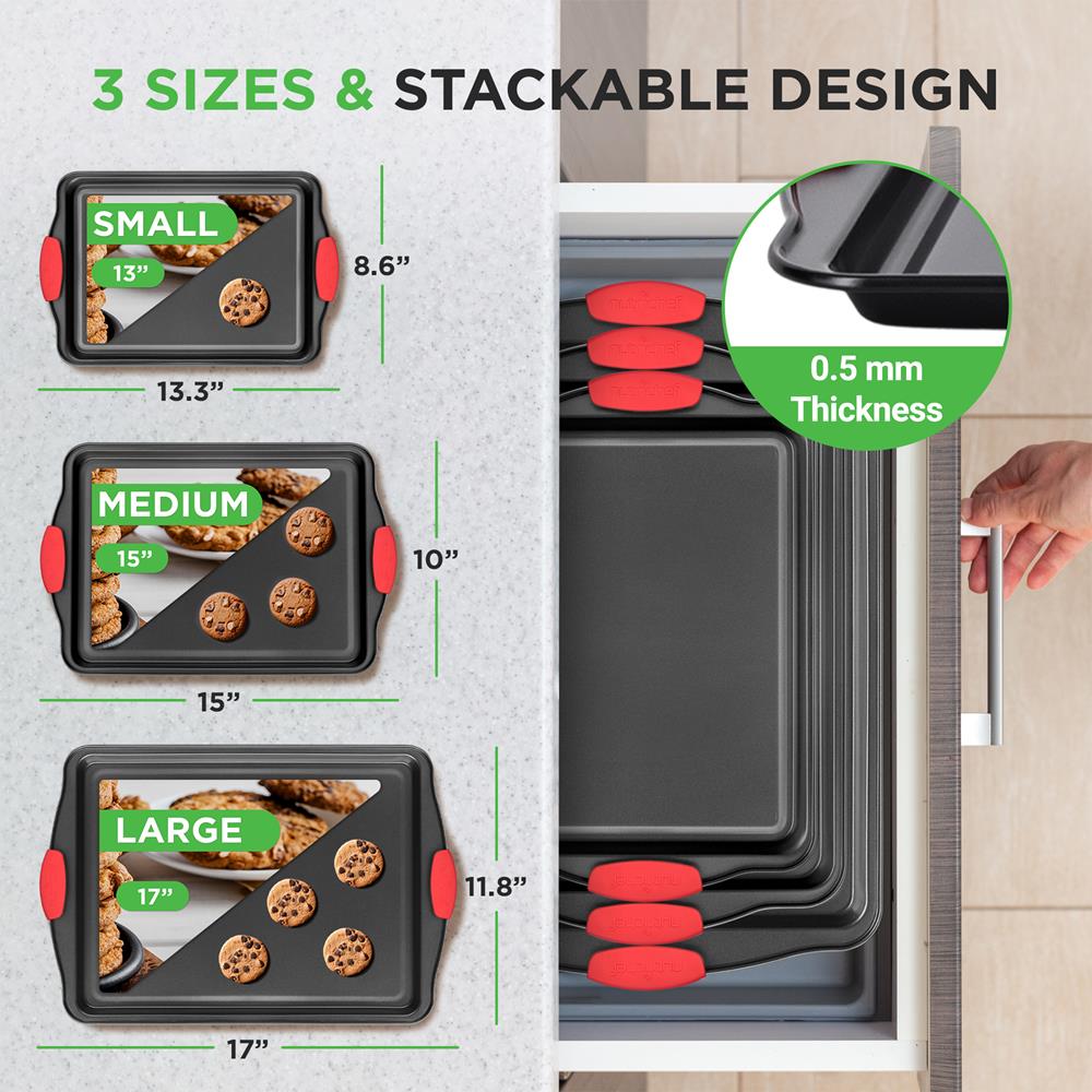 Non-Stick Baking Pans Set for Oven - 3 Piece Cookie Sheet, Pizza Pan & Cake Pan - Heavy Duty Carbon Steel Baking Trays for Home Kitchen, Baking, Roasting & Meal Prep