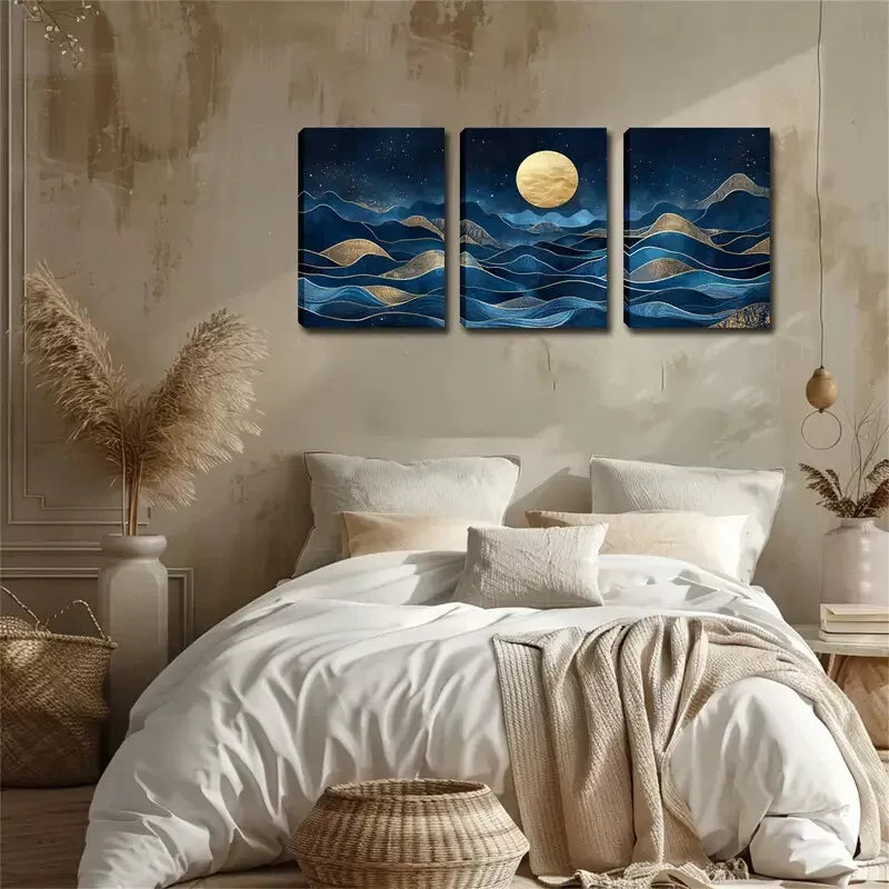 3-Piece Blue Abstract Mountain and Moon Wall Art Set - Framed Canvas 40x60cm (16x24in) - High Quality Print - 100% Australian Made - Ready to Hang - Perfect for Living Room, Bedroom & Office Decor
