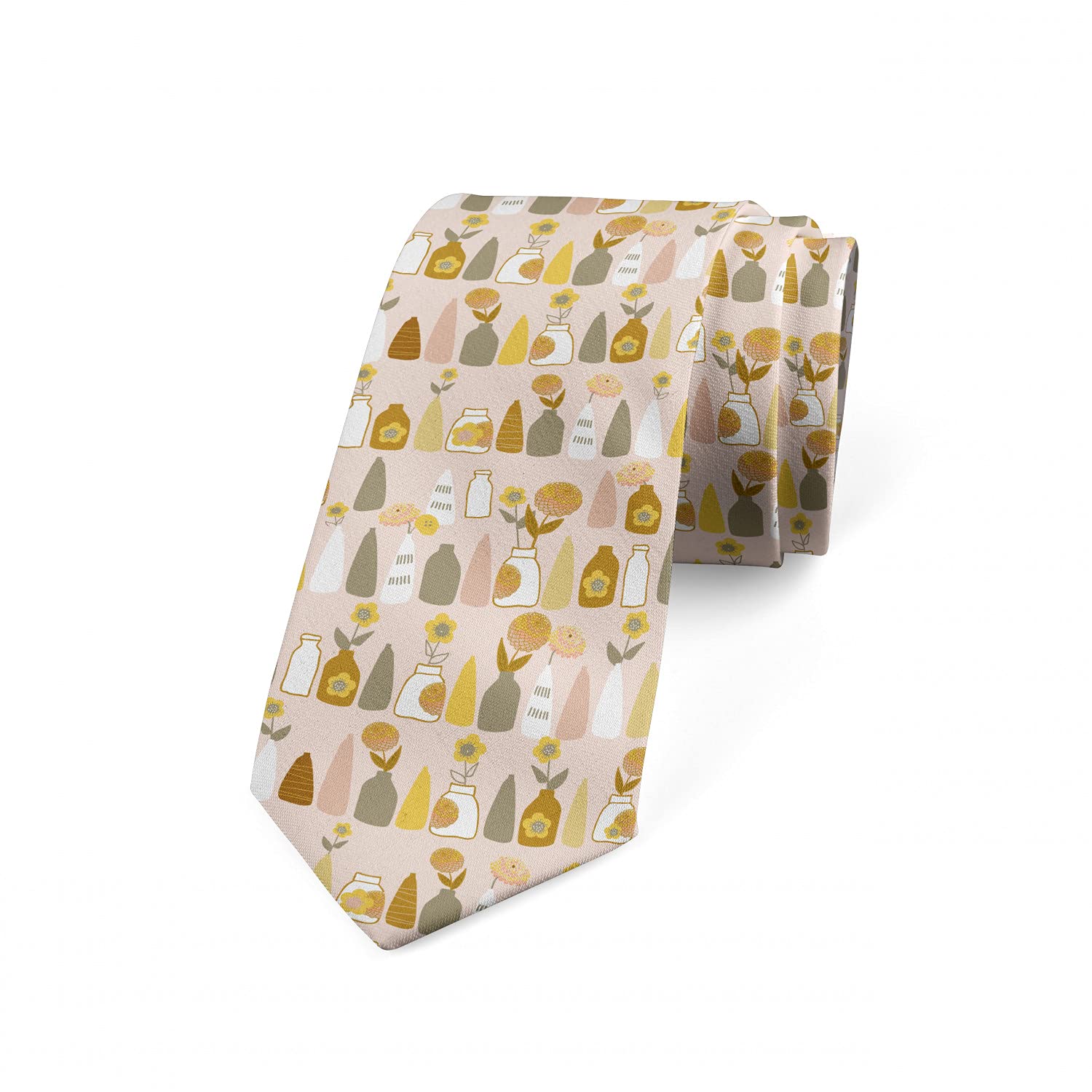 Ambesonne Floral Necktie - Dark Peach Multicolor Silk Tie with Vase Flower Design, 3.7