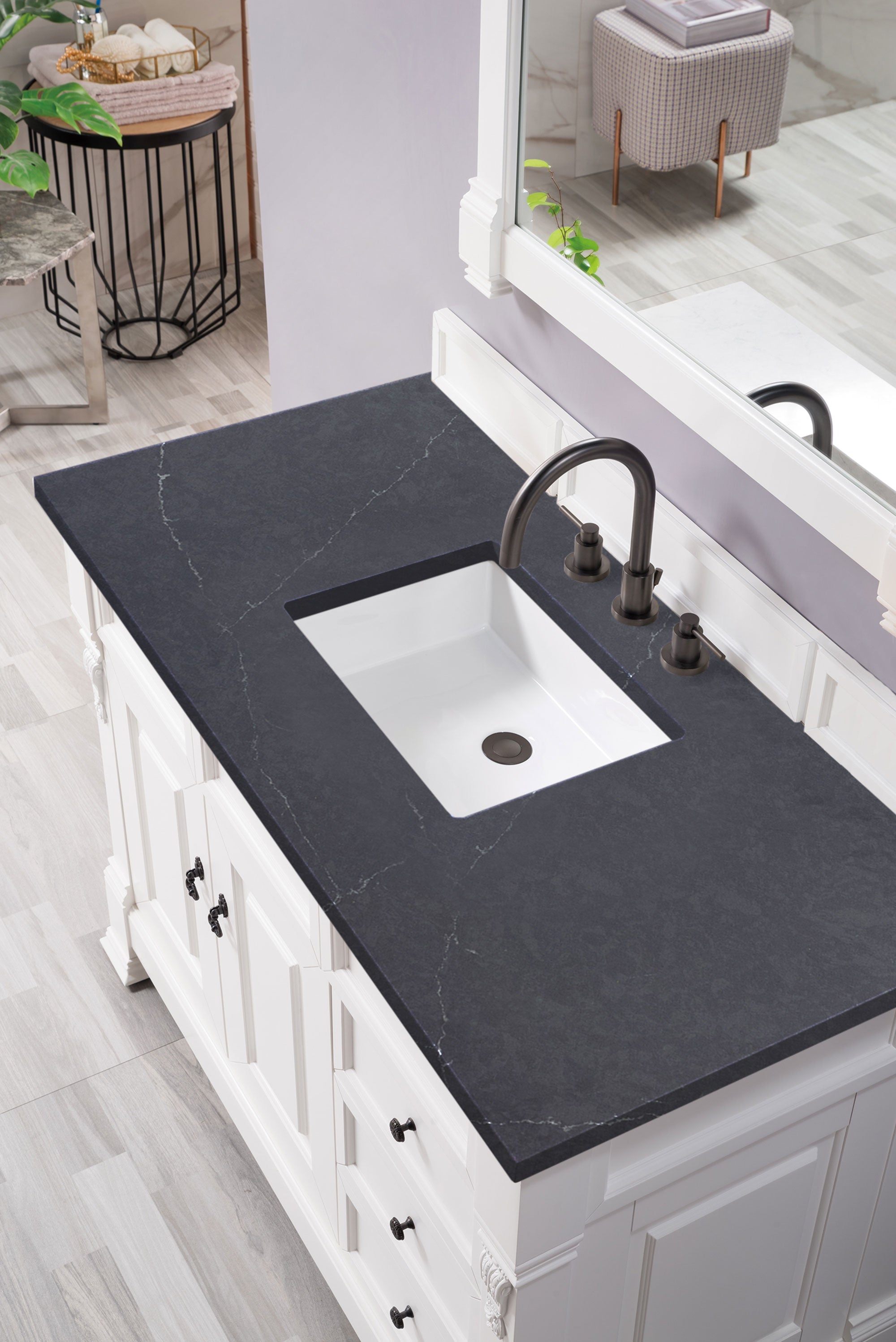 Brookfield 48 Inch Single Bathroom Vanity with Bright White Finish & 3CM Charcoal Soapstone Quartz Countertop - Perfect for Modern Master Bath or Guest Bathroom Renovation