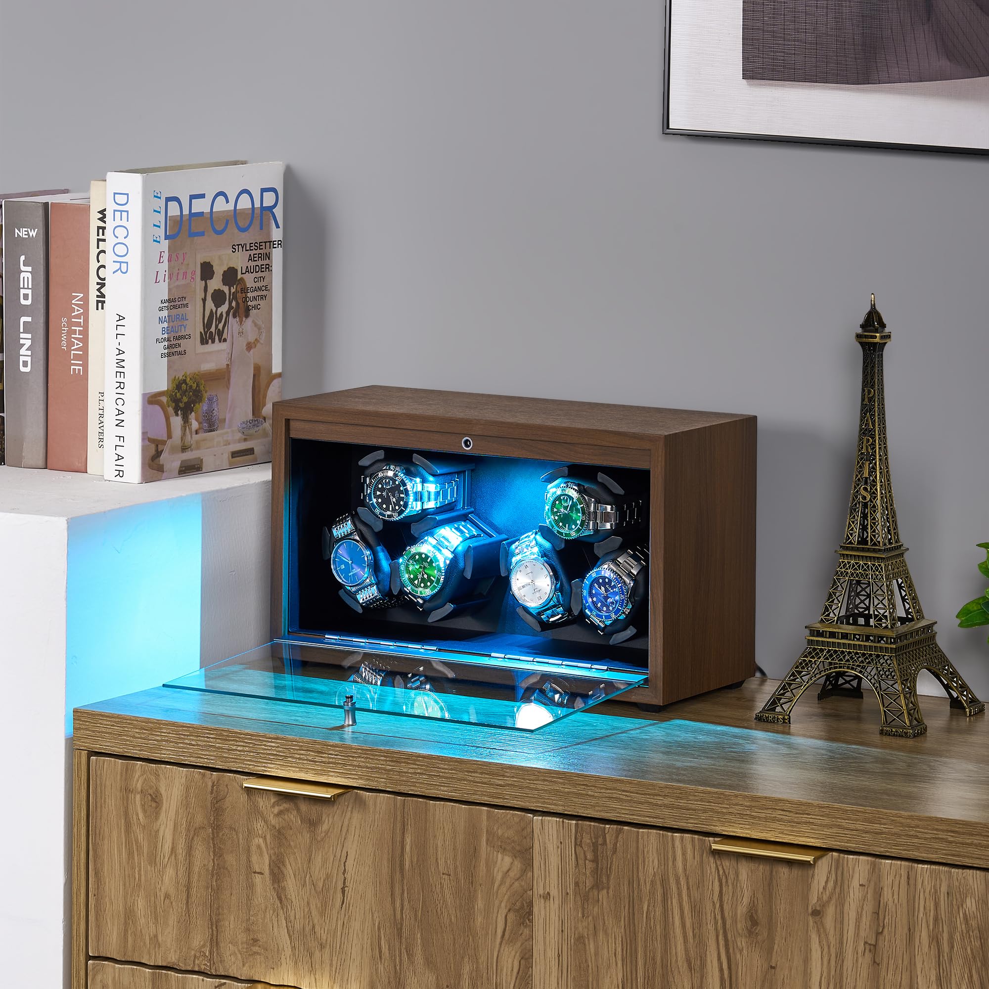 ANWBROAD Watch Winder for Automatic Watches - 6 Watch Capacity with LED Display & Ultra Quiet Motor - 4 Rotation Modes, USB Powered Watch Storage Box - Perfect for Watch Collectors & Luxury Timepiece Maintenance (Model UJWW003A)
